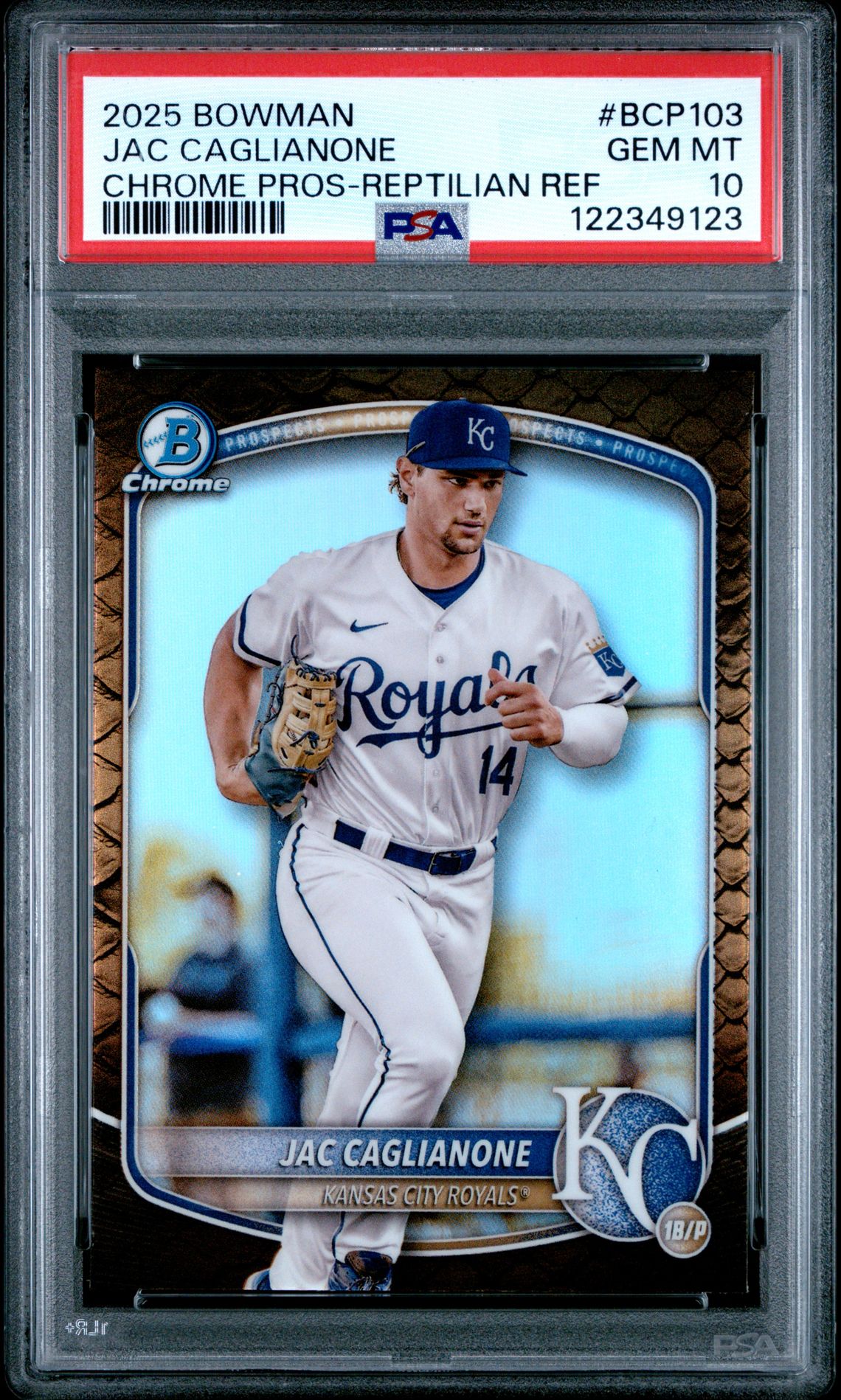 2025 Bowman Chrome Prospects Jac Caglianone #Bcp103 (Chrome Pros-Reptilian Ref) Gem Mt 10 front