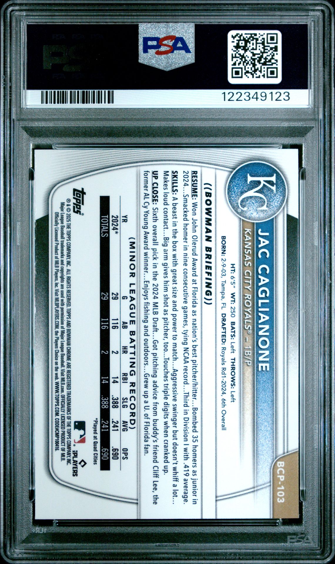 2025 Bowman Chrome Prospects Jac Caglianone #Bcp103 (Chrome Pros-Reptilian Ref) Gem Mt 10 back