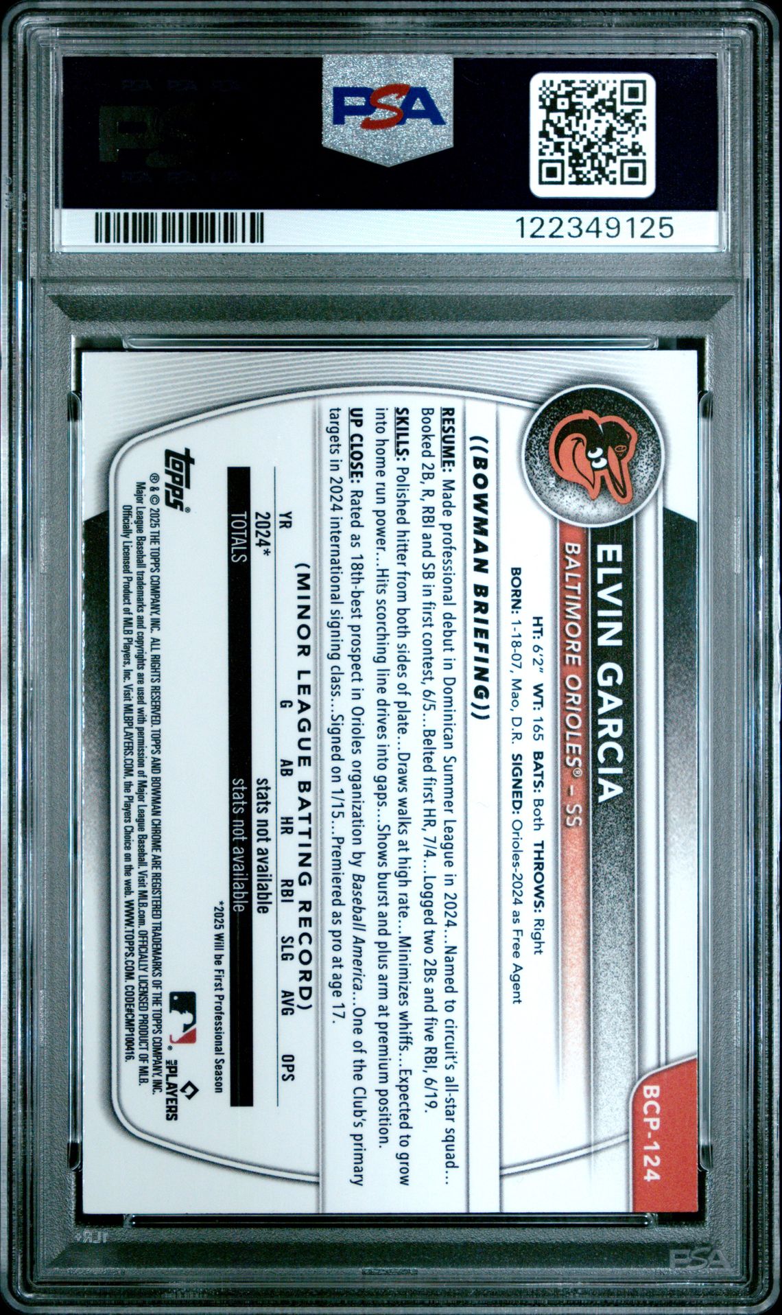 2025 Bowman Chrome Prospects Elvin Garcia #Bcp124 (Chr Pros-Purple Raywave) Gem Mt 10 back