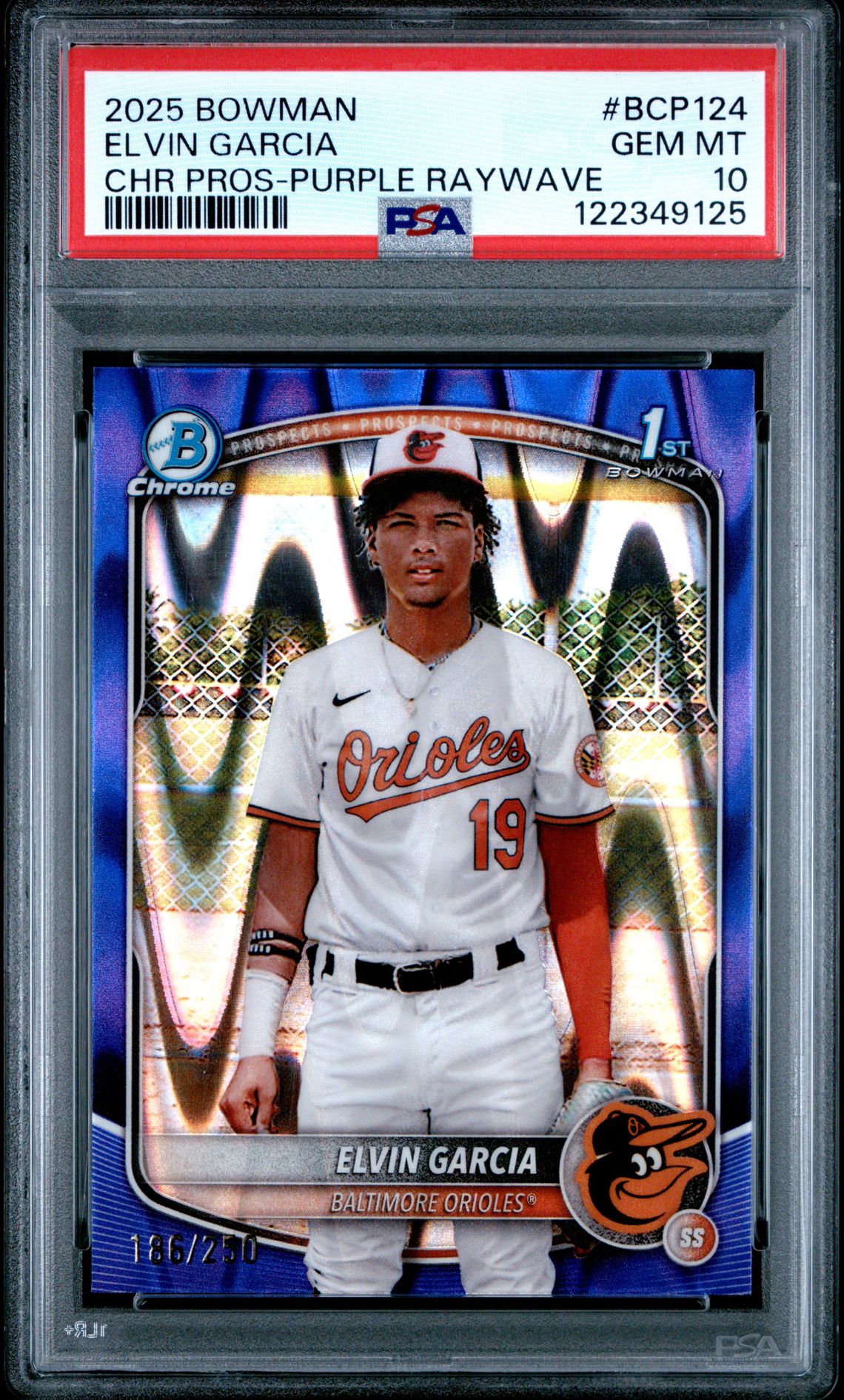2025 Bowman Chrome Prospects Elvin Garcia #Bcp124 (Chr Pros-Purple Raywave) Gem Mt 10 front