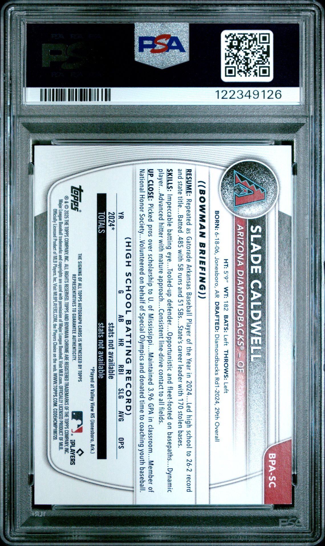 2025 Bowman Bowman Prospect Autographs Slade Caldwell #Bpasc (Bowman Prospect Au-Green) Nm-Mt 8 back