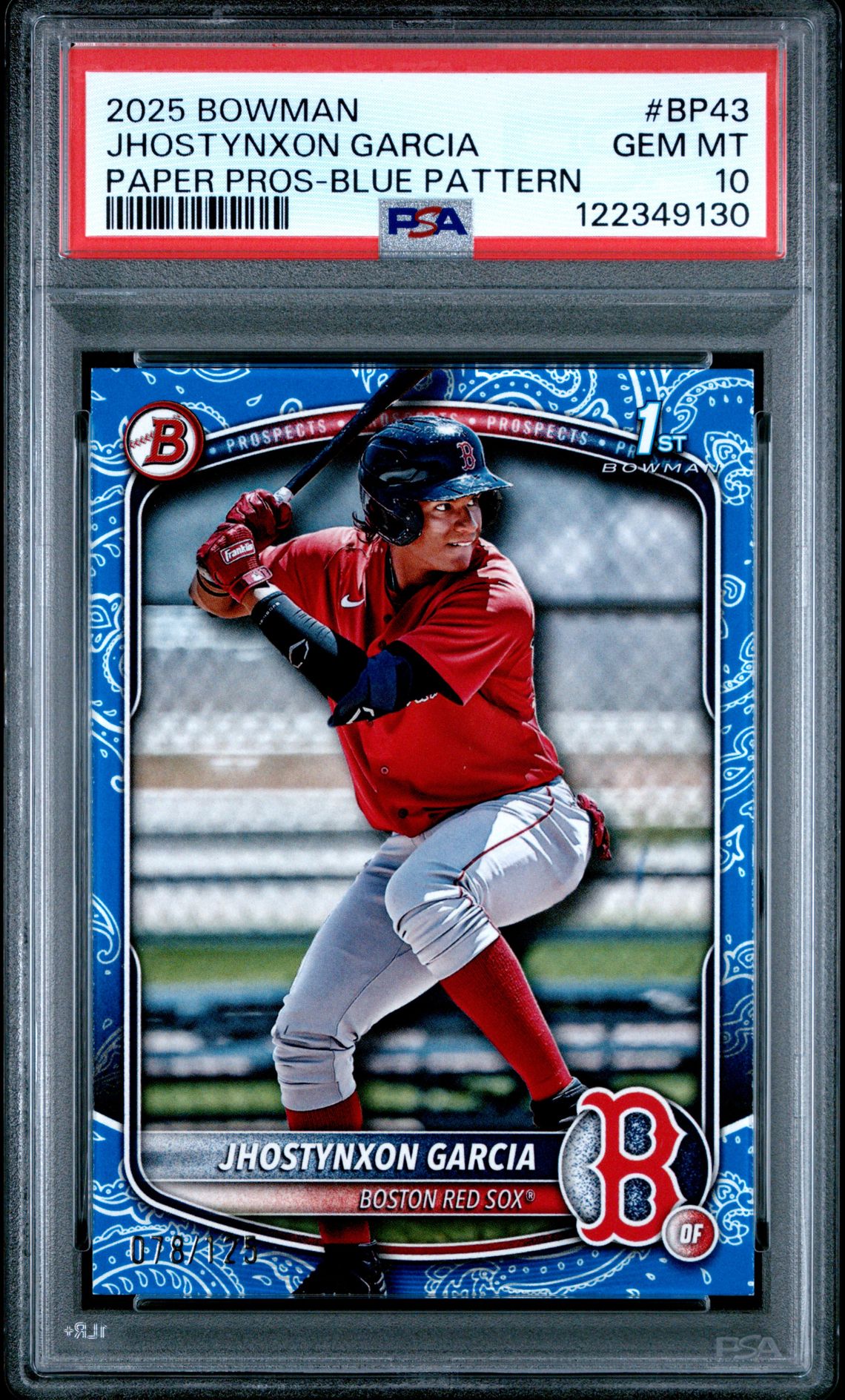 2025 Bowman Paper Prospects Jhostynxon Garcia #Bp43 (Paper Pros-Blue Pattern) Gem Mt 10 front