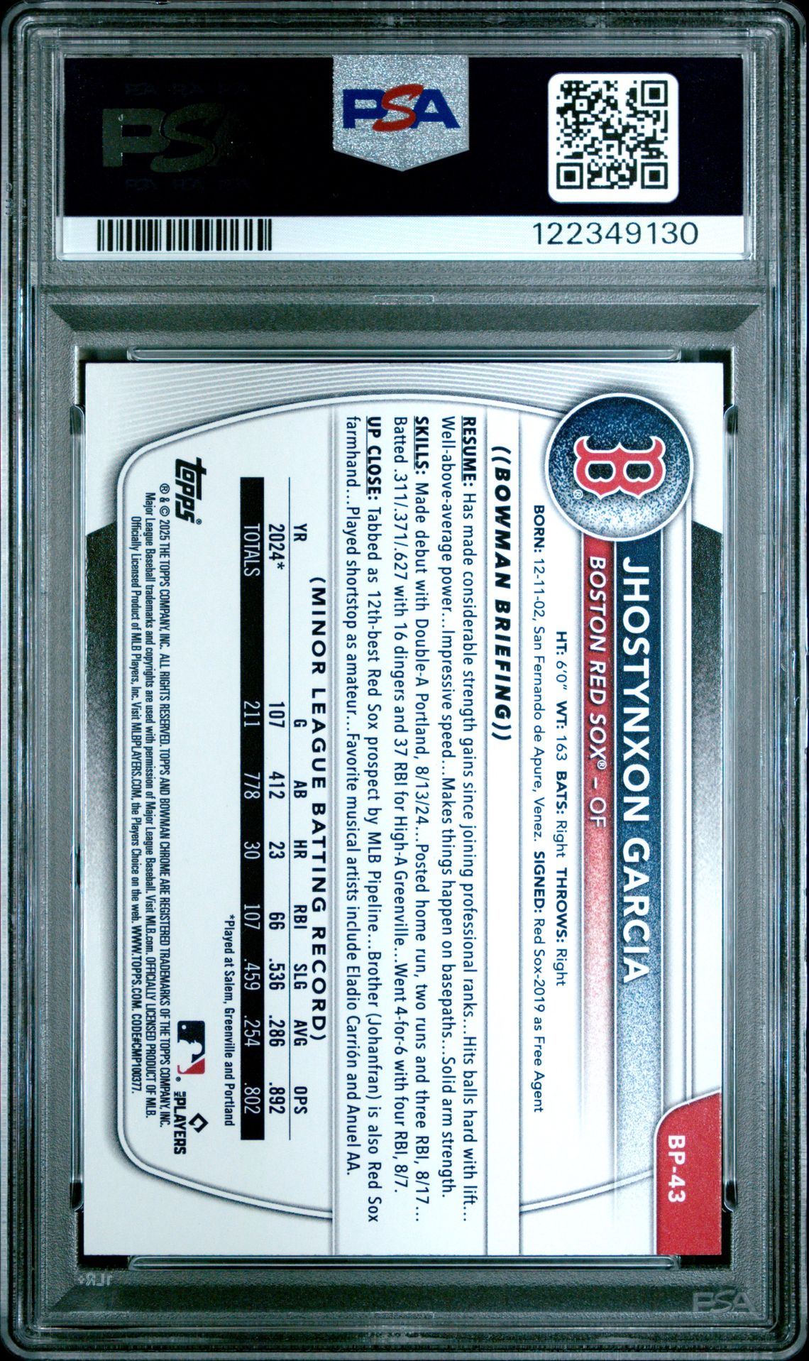2025 Bowman Paper Prospects Jhostynxon Garcia #Bp43 (Paper Pros-Blue Pattern) Gem Mt 10 back