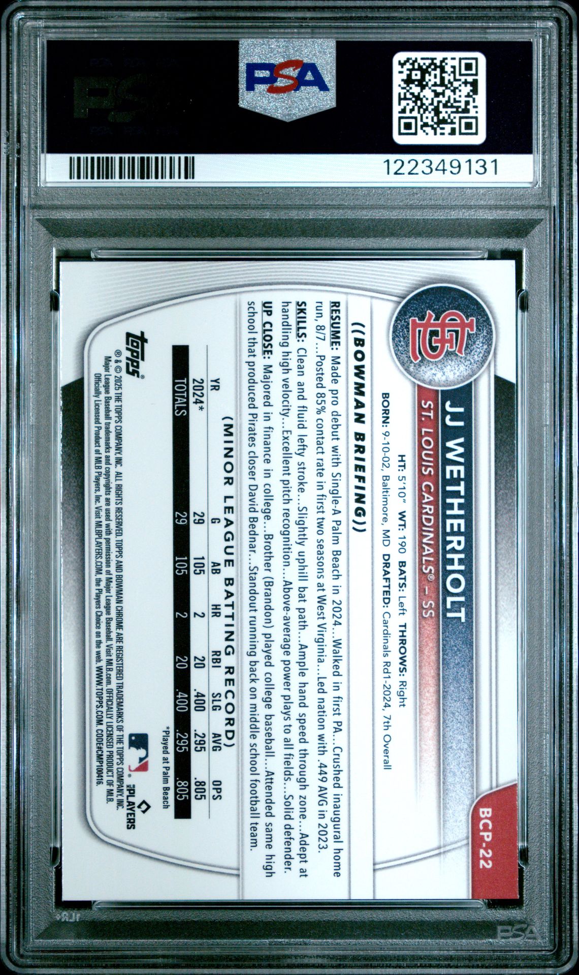 2025 Bowman Chrome Prospects Jj Wetherholt #Bcp22 (Chrome Pros-Reptilian Ref) Gem Mt 10 back