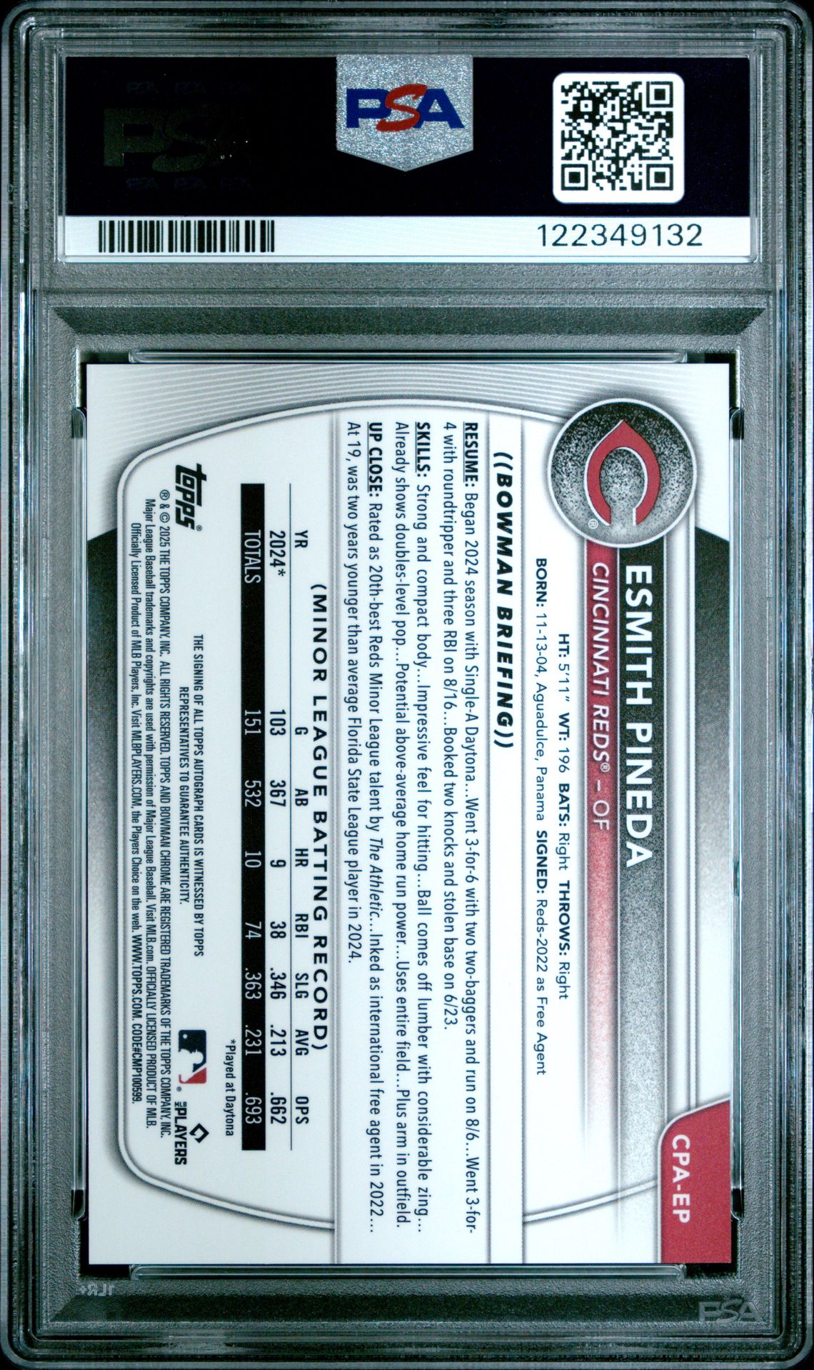 2025 Bowman Chrome Prospect Autographs Esmith Pineda #Cpaep Mint 9 back