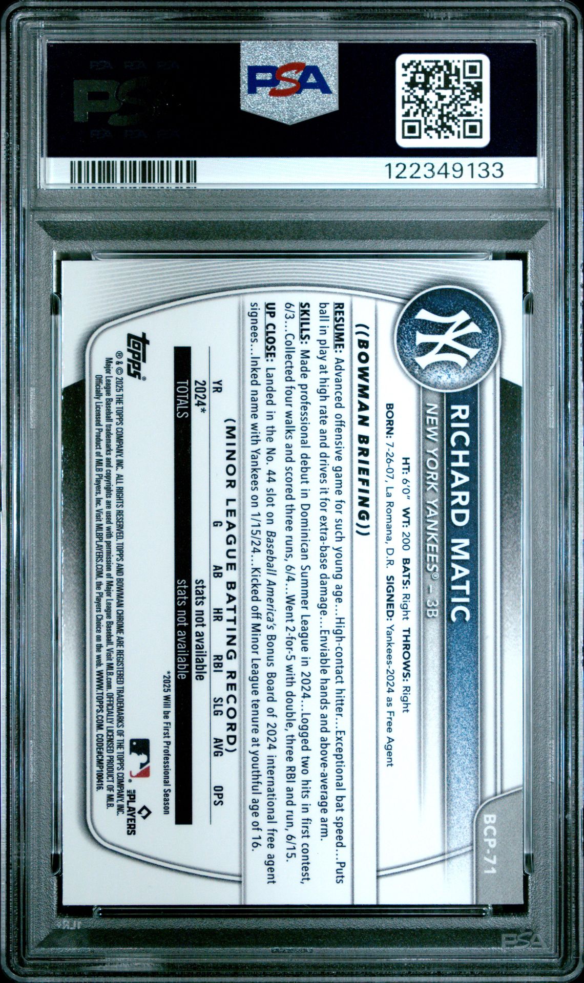 2025 Bowman Chrome Prospects Richard Matic #Bcp71 (Chrome Pros-Green Shimmer) Gem Mt 10 back