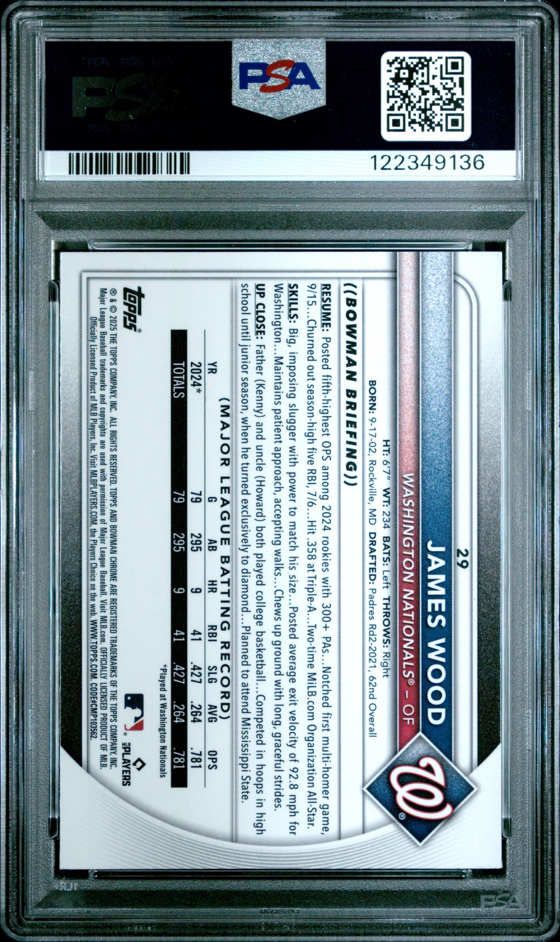 2025 Bowman Mega Box Chrome James Wood #29 (Fuchsia Refractor) Mint 9 back