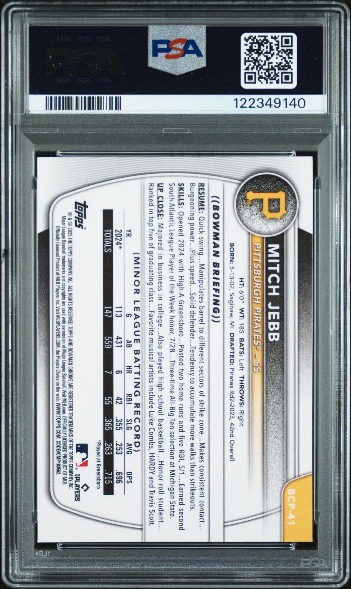 2025 Bowman Mega Box Chrome Prospects Mitch Jebb #41 (Prospects-Aqua Refractor) Mint 9 back