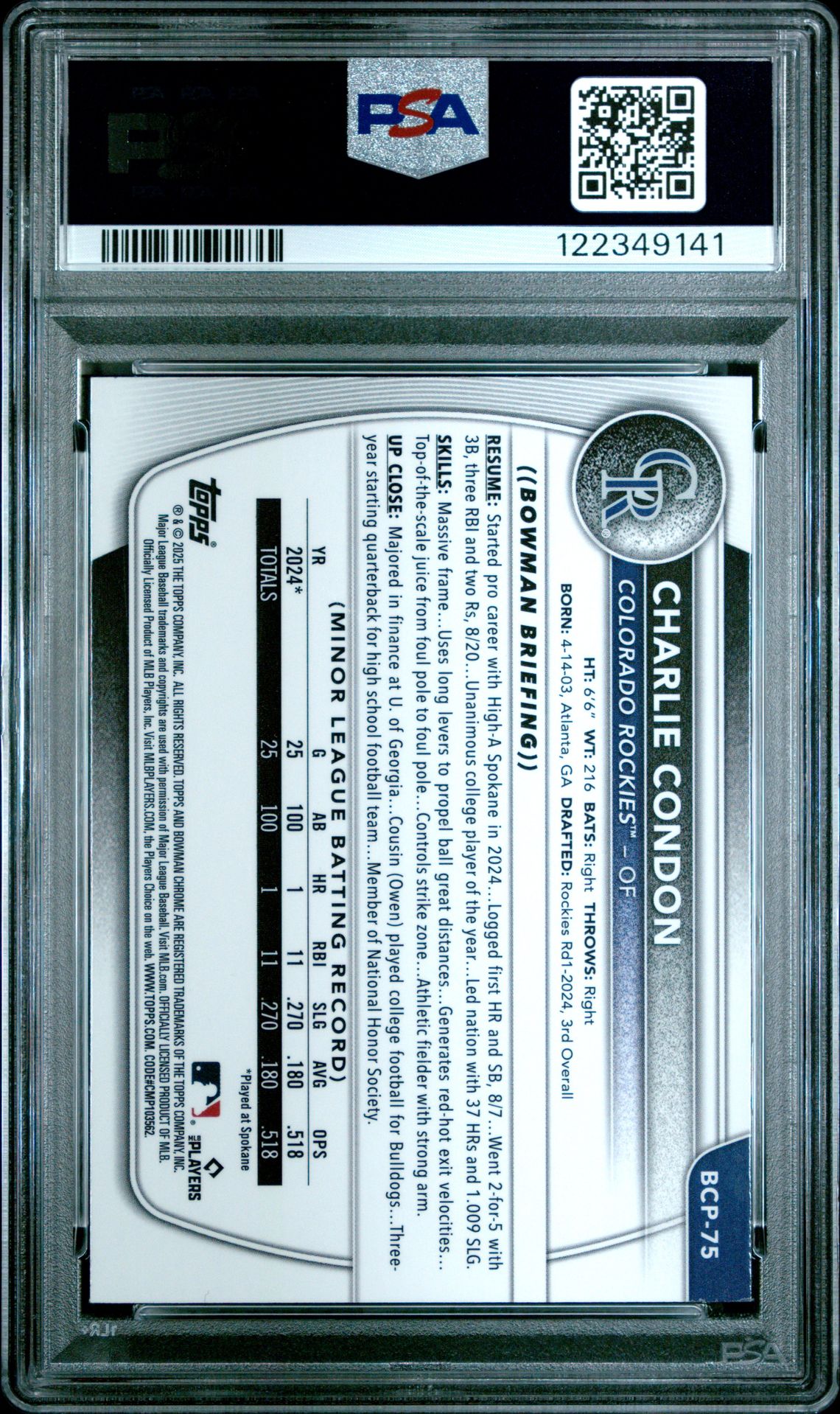 2025 Bowman Mega Box Chrome Prospects Charlie Condon #75 Mint 9 back