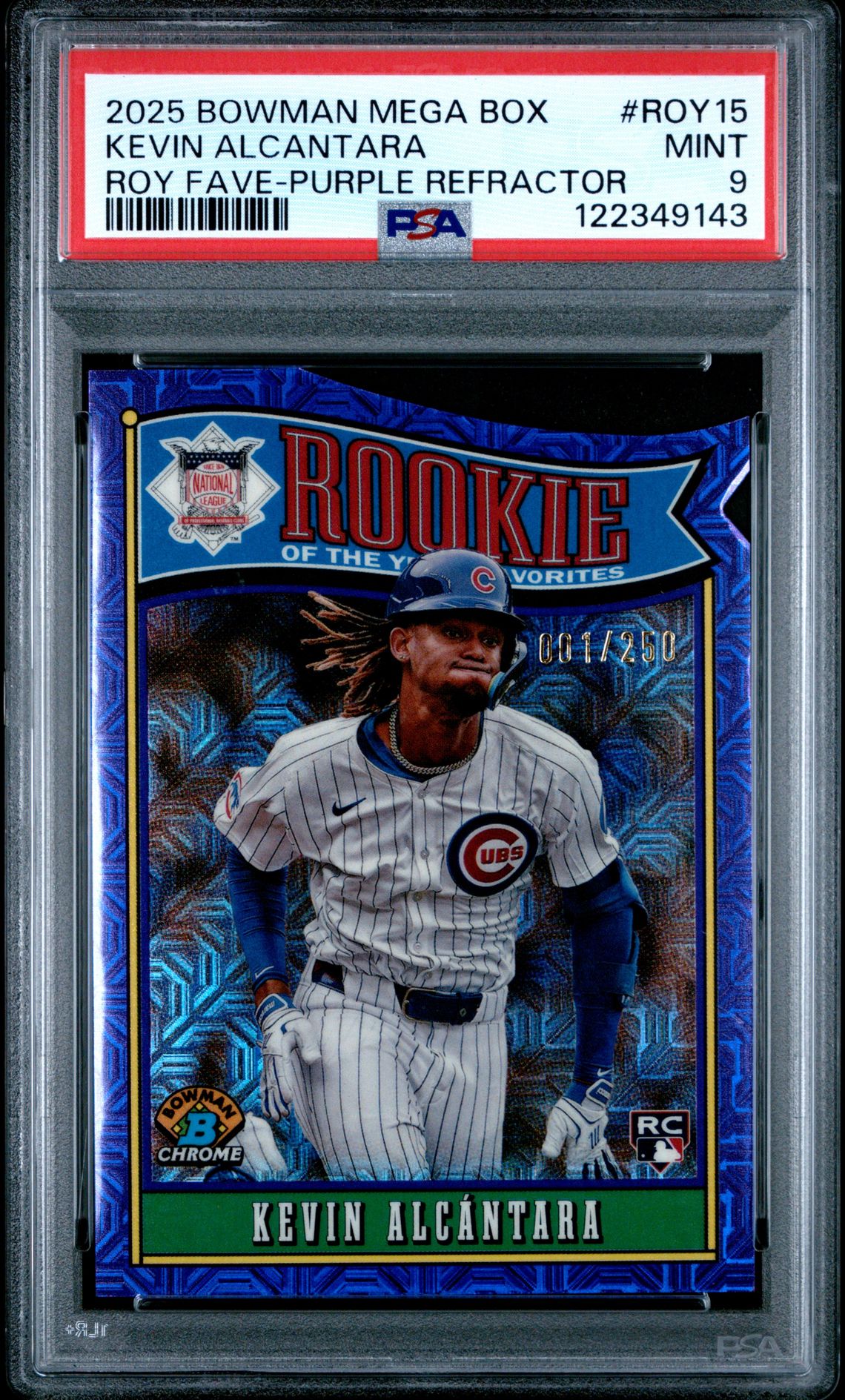 2025 Bowman Mega Box Roy Favorites Kevin Alcantara #Roy15 (Roy Fave-Purple Refractor) Mint 9 front