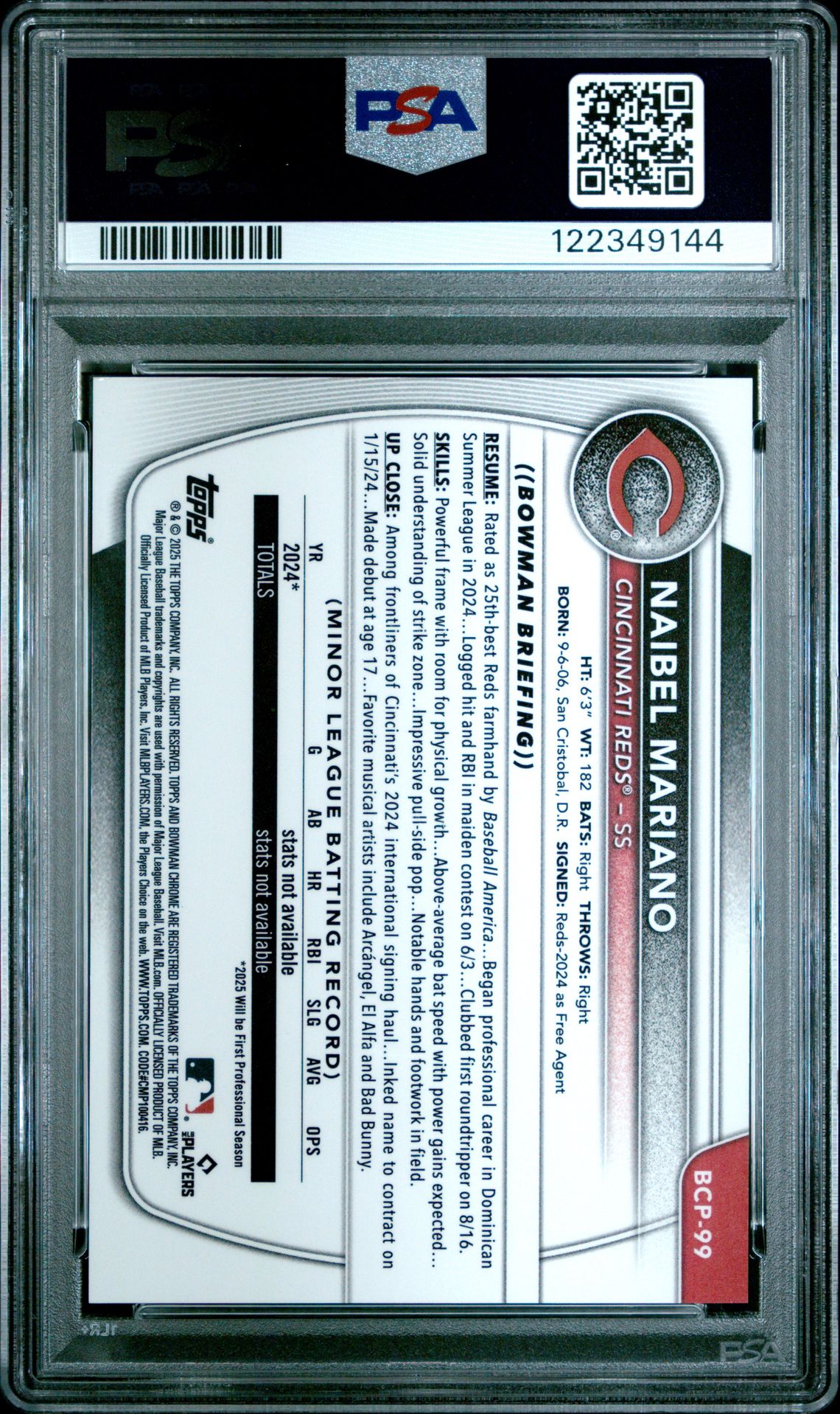 2025 Bowman Chrome Prospects Naibel Mariano #Bcp99 (Chrome Pros-Gold Reptilian) Mint 9 back