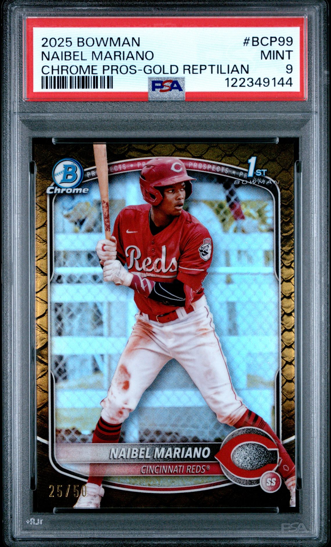 2025 Bowman Chrome Prospects Naibel Mariano #Bcp99 (Chrome Pros-Gold Reptilian) Mint 9 front