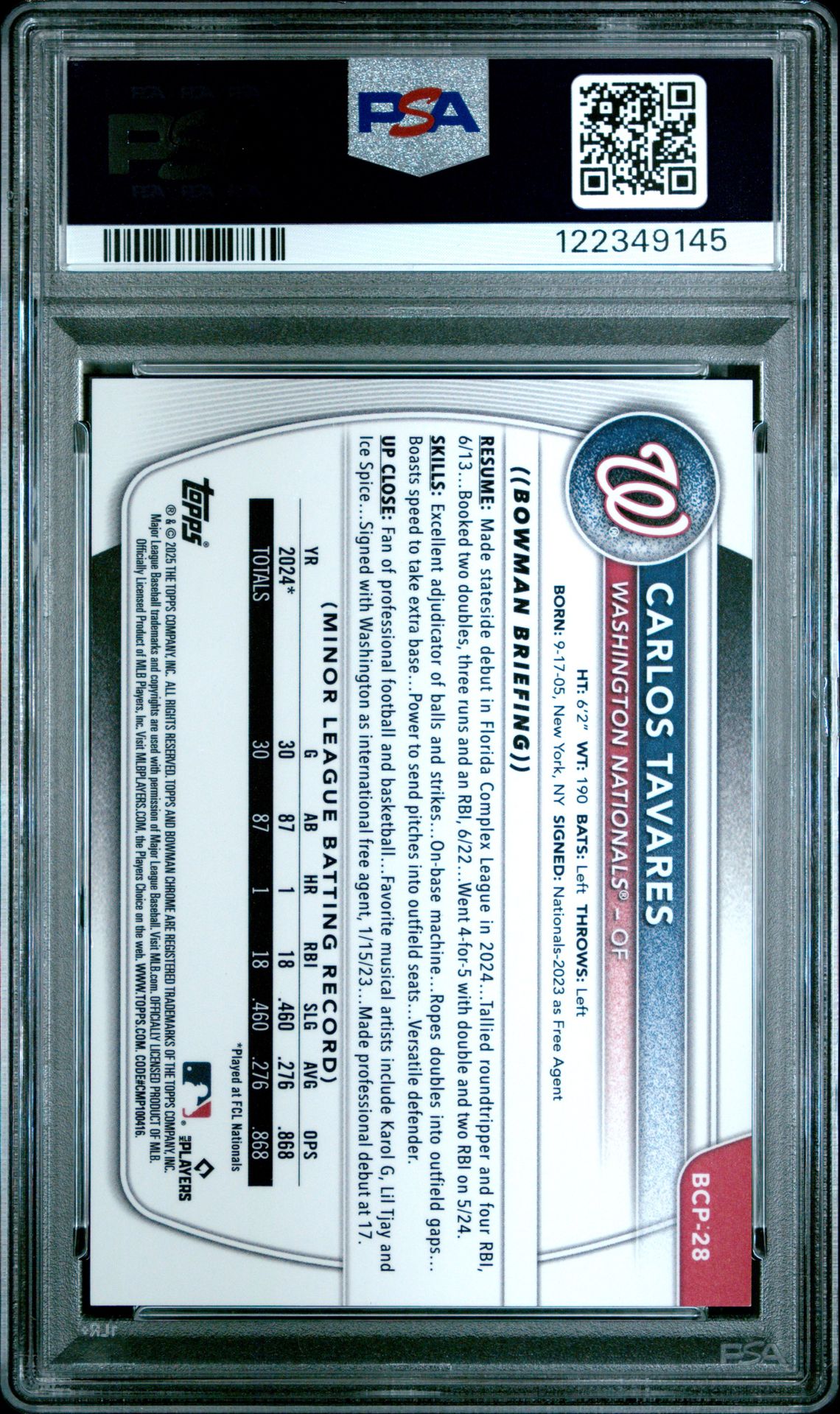 2025 Bowman Chrome Prospects Carlos Tavares #Bcp28 (Chrome Pros-Blue Refractor) Mint 9 back