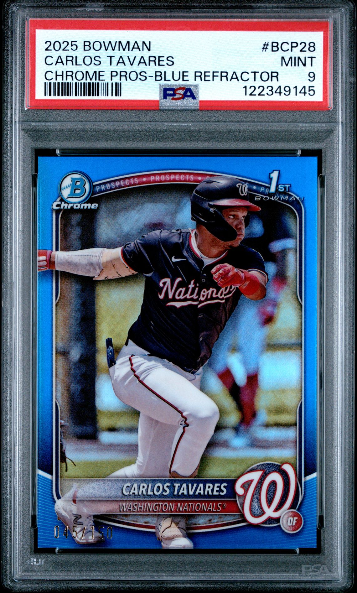 2025 Bowman Chrome Prospects Carlos Tavares #Bcp28 (Chrome Pros-Blue Refractor) Mint 9 front
