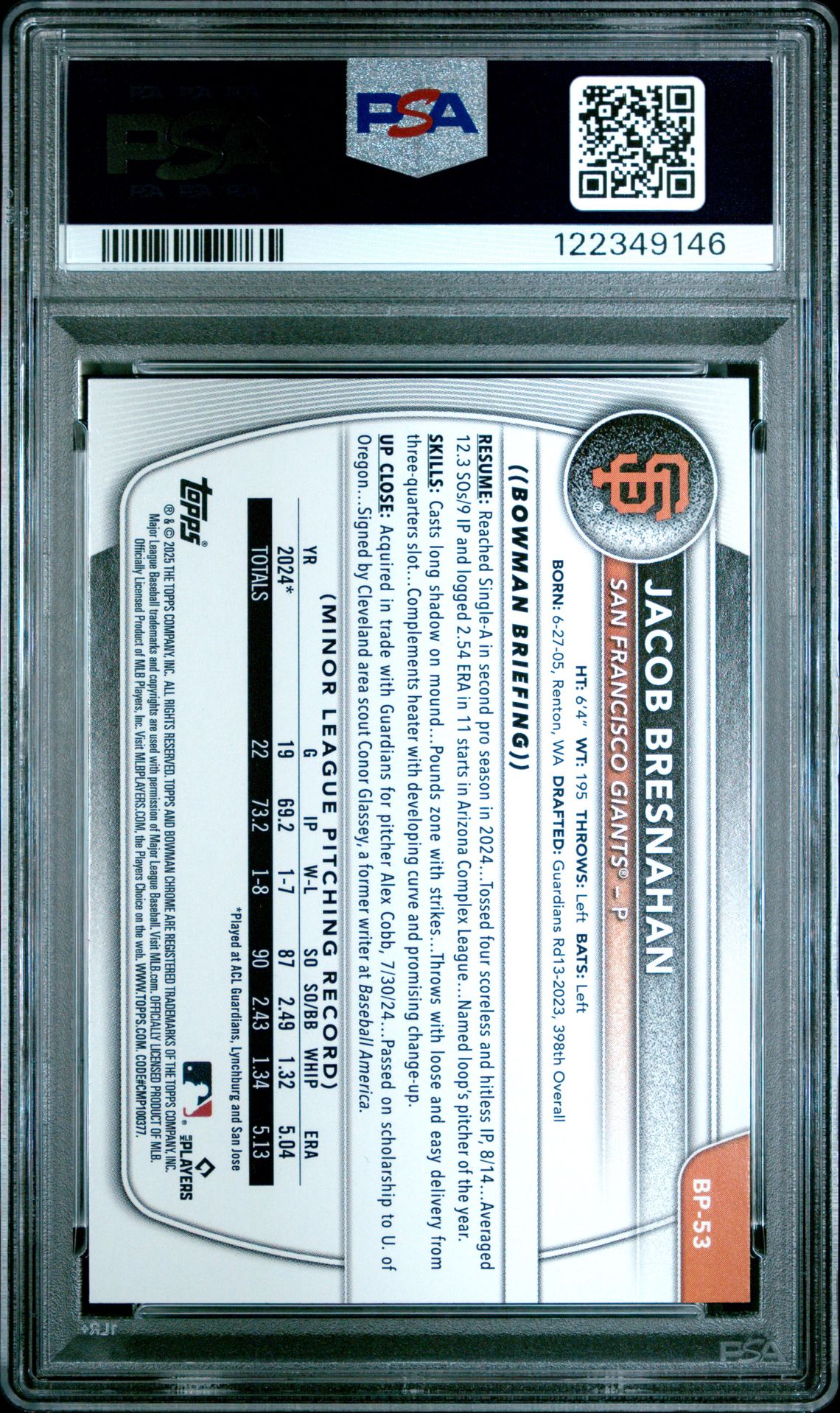 2025 Bowman Paper Prospects Jacob Bresnahan #Bp53 (Paper Pros-Retro Logo Foil) Gem Mt 10 back