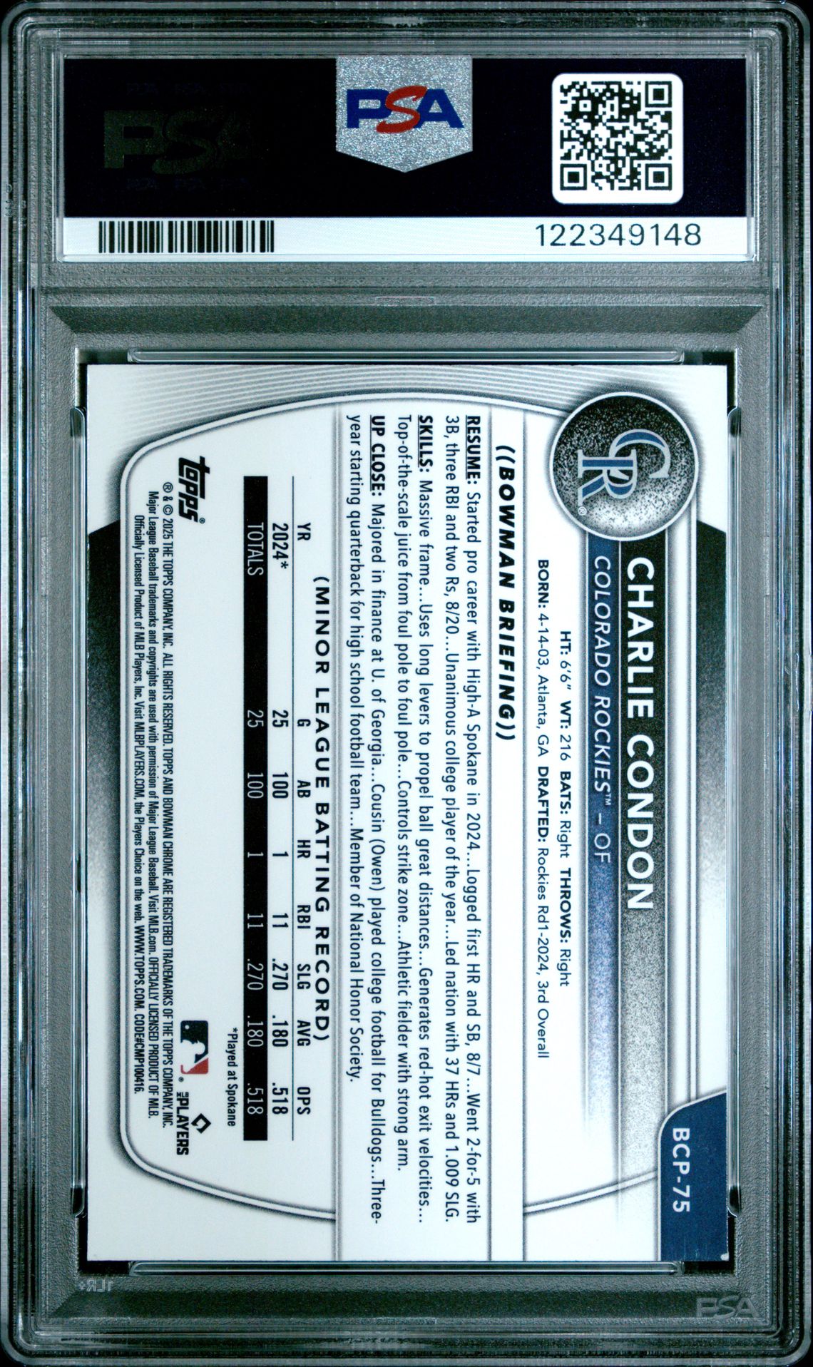 2025 Bowman Chrome Prospects Charlie Condon #Bcp75 (Chrome Pros-Speckle Ref) Mint 9 back