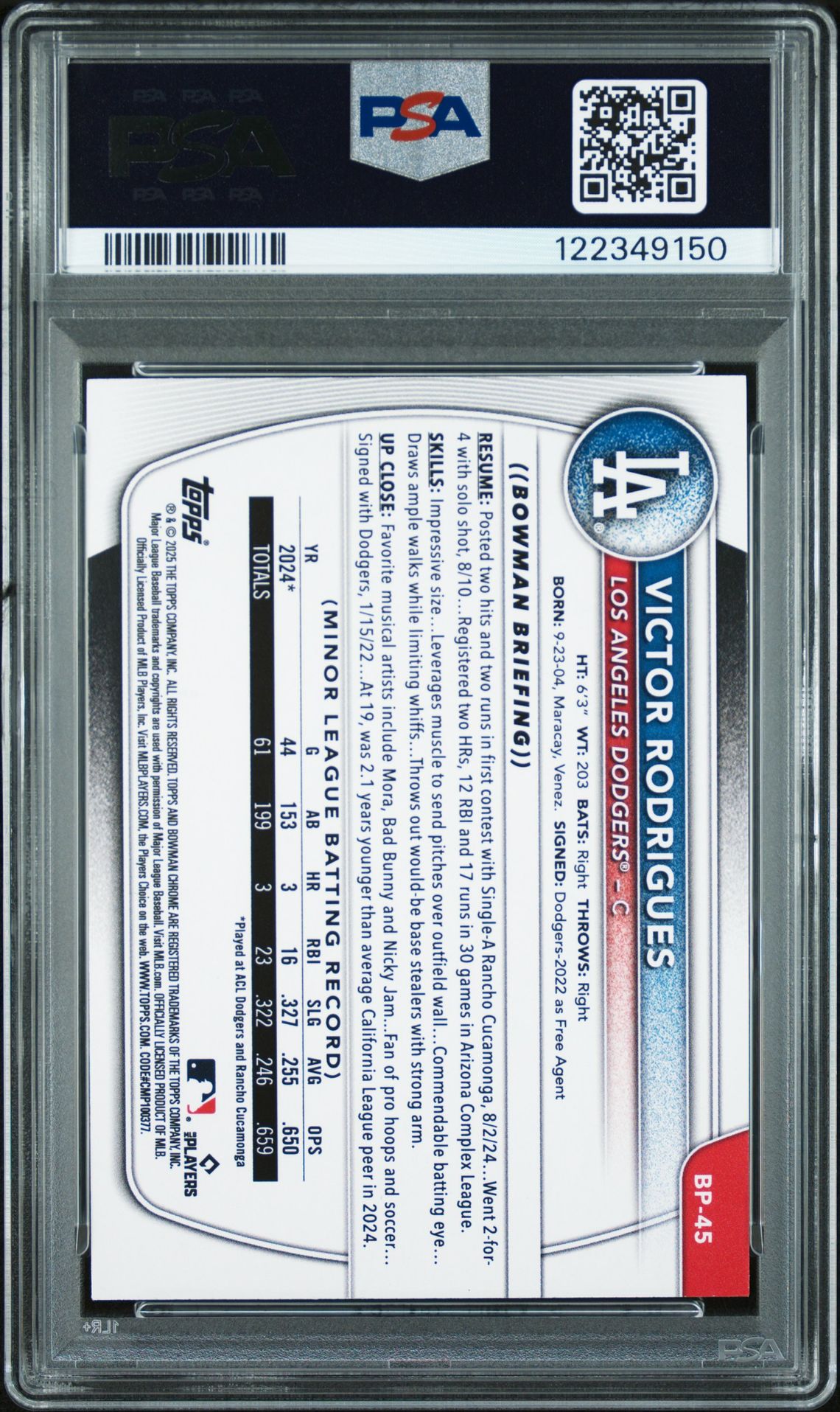 2025 Bowman Paper Prospects Victor Rodrigues #Bp45 (Paper Prospects-Blue) Nm-Mt 8 back