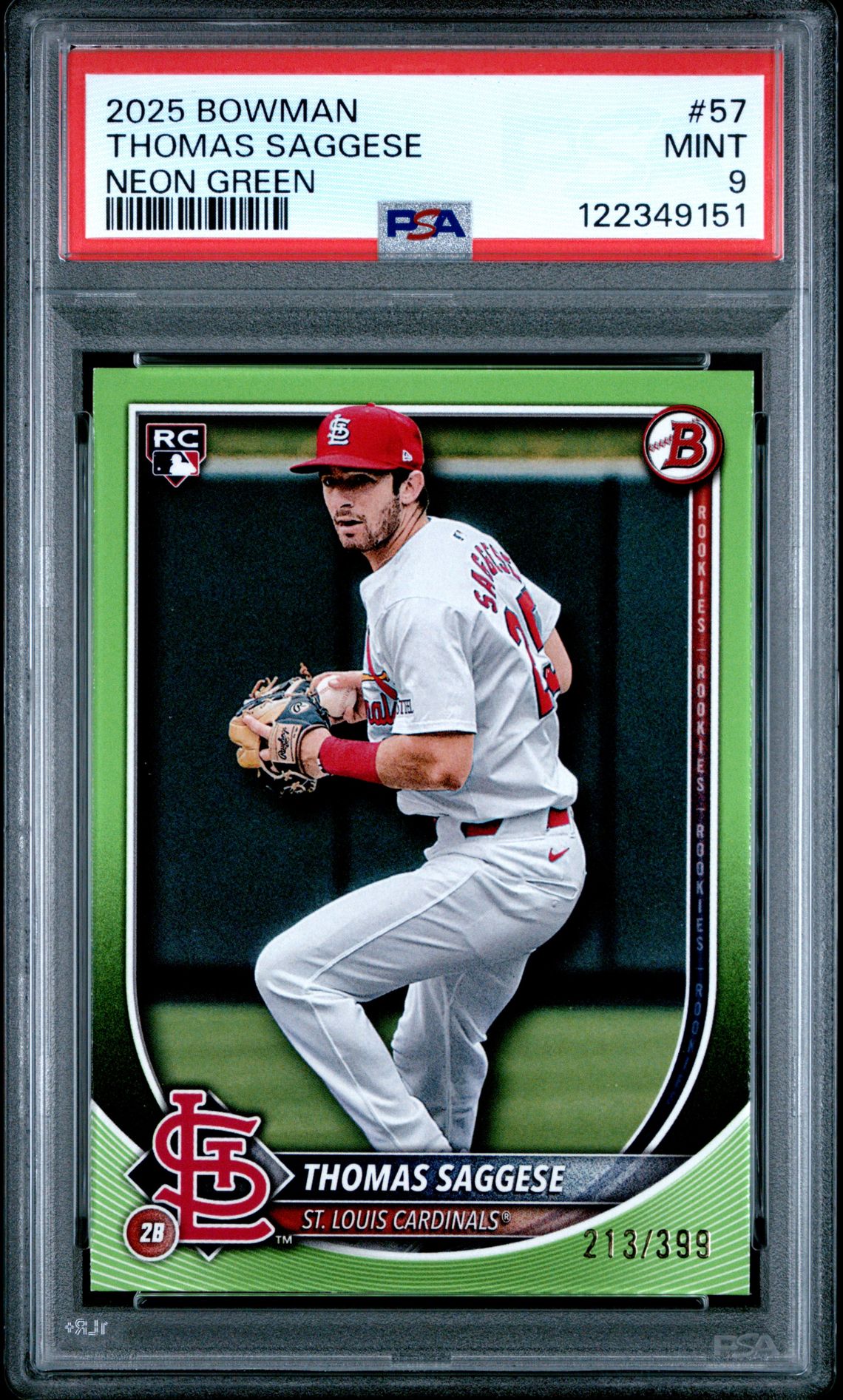 2025 Bowman Thomas Saggese #57 (Neon Green) Mint 9 front