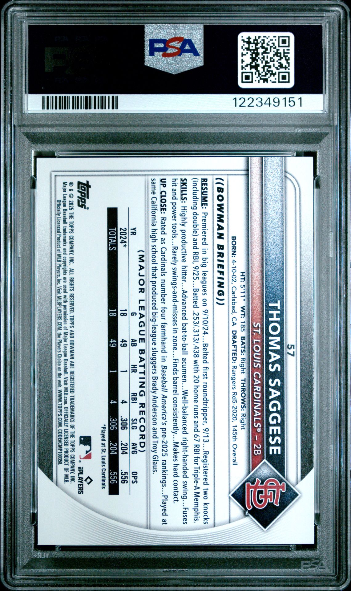 2025 Bowman Thomas Saggese #57 (Neon Green) Mint 9 back