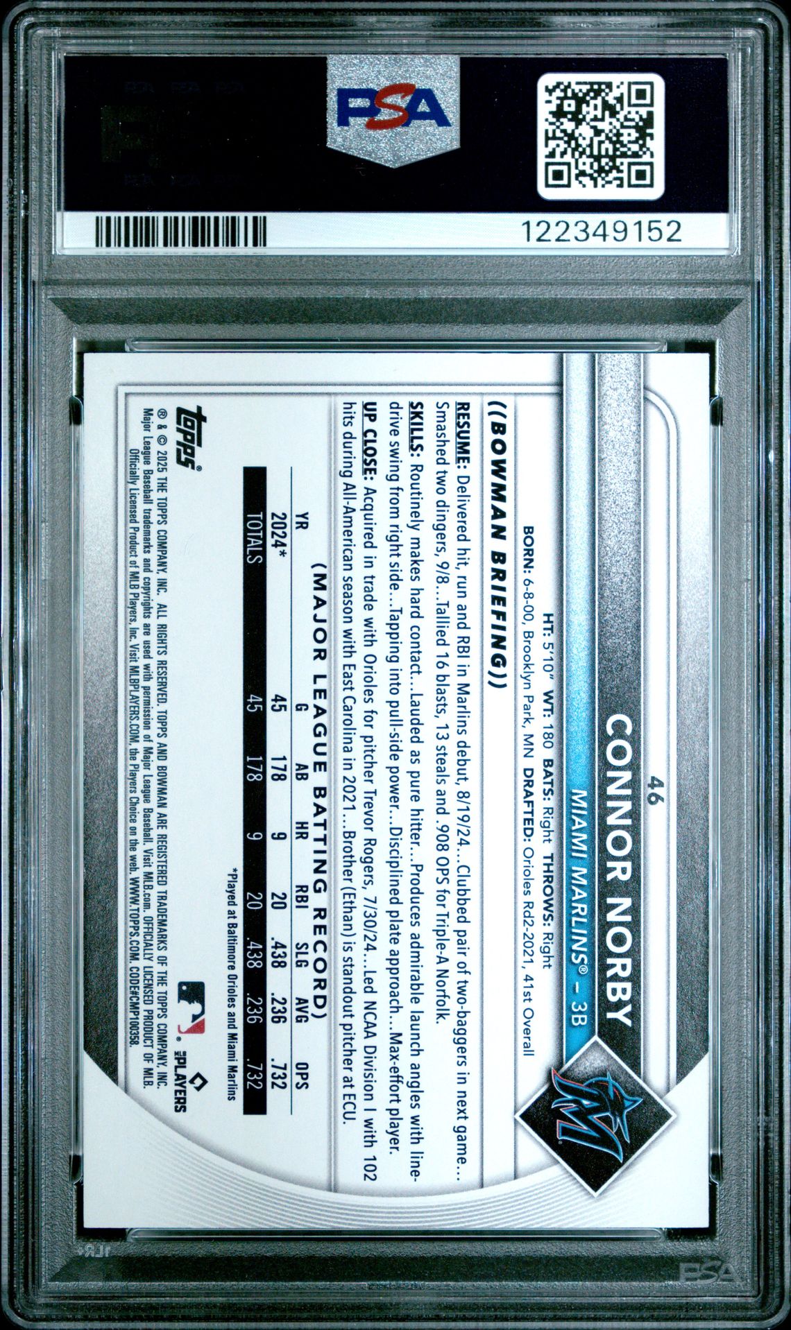 2025 Bowman Connor Norby #46 (Gold) Mint 9 back