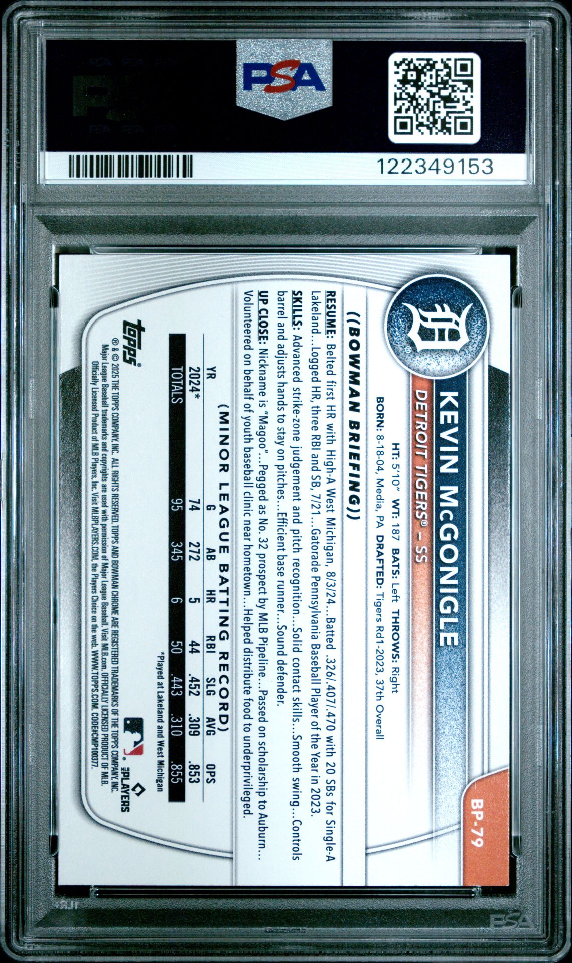 2025 Bowman Paper Prospects Kevin Mcgonigle #Bp79 (Paper Prospects-Pink) Mint 9 back