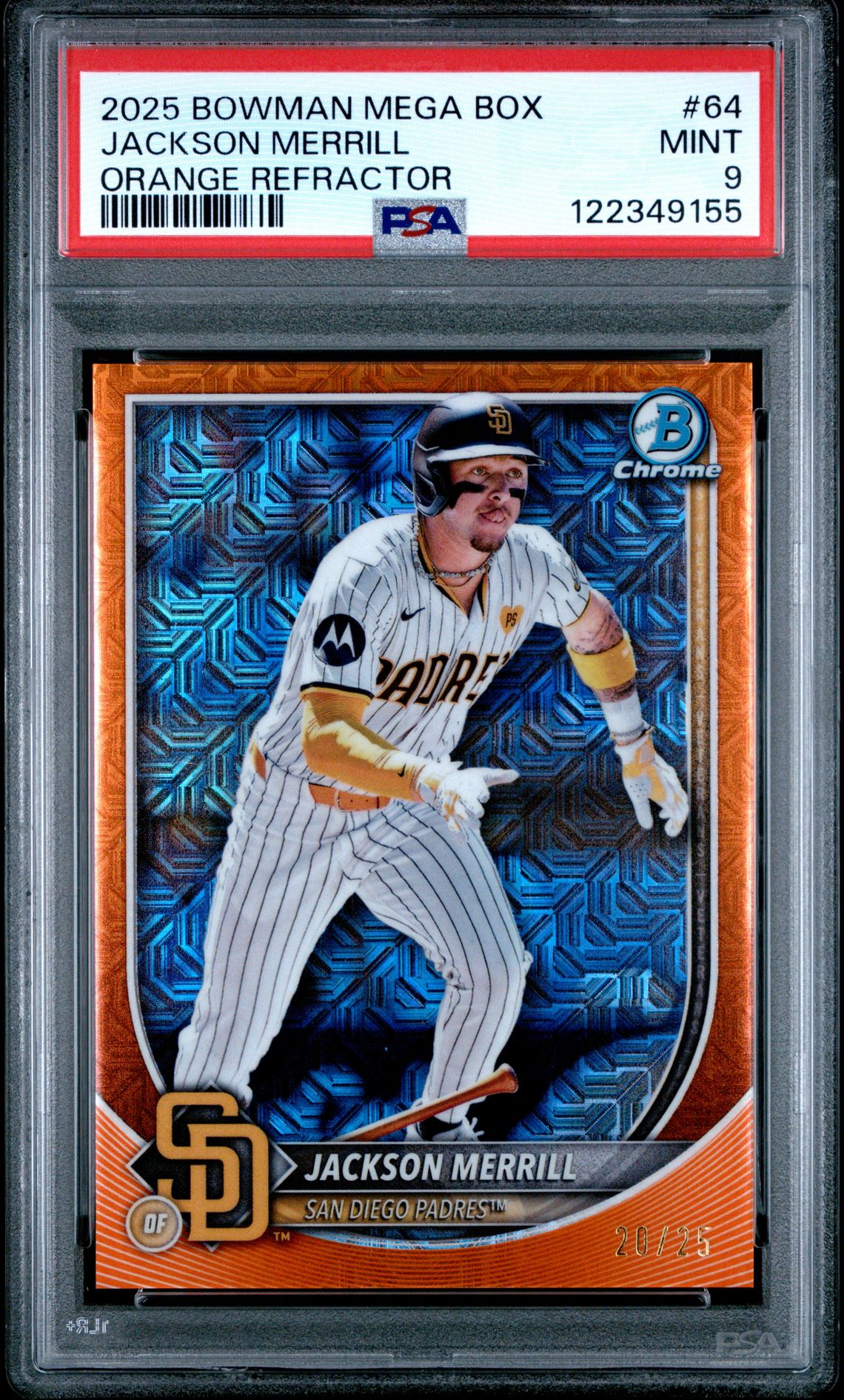 2025 Bowman Mega Box Chrome Jackson Merrill #64 (Orange Refractor) Mint 9 front