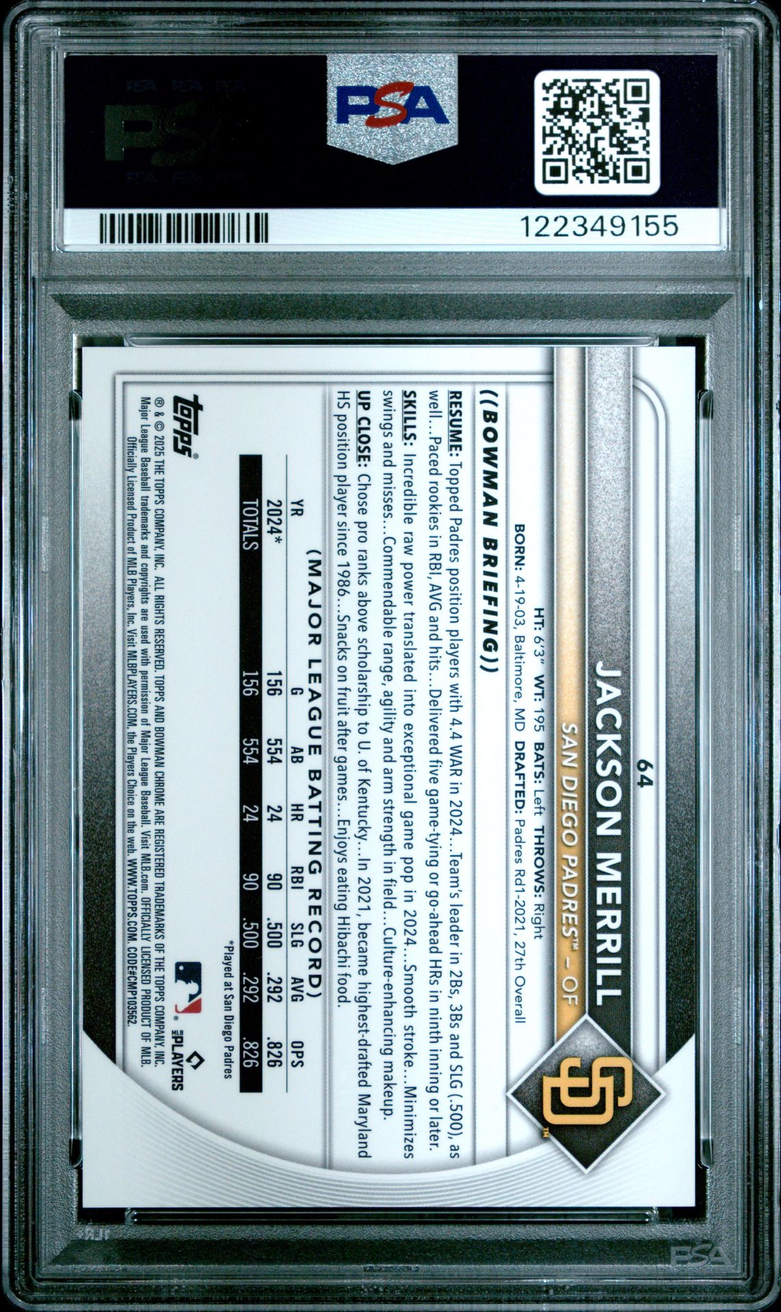 2025 Bowman Mega Box Chrome Jackson Merrill #64 (Orange Refractor) Mint 9 back