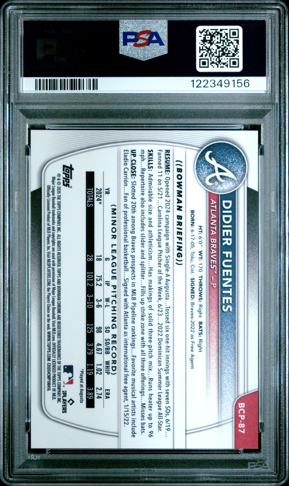 2025 Bowman Chrome Prospects Didier Fuentes #Bcp87 (Chrome Pros-Green Grass) Nm-Mt 8 back