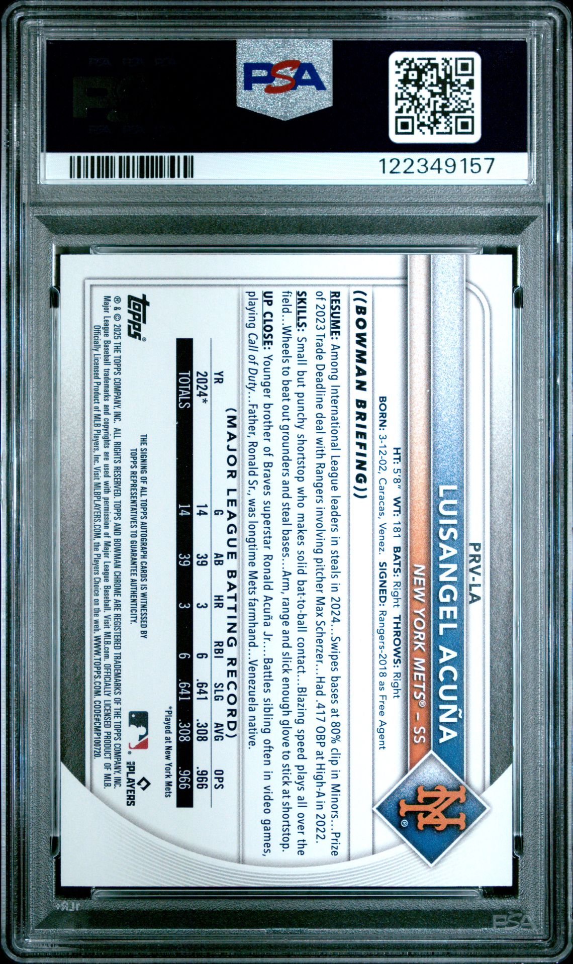 2025 Bowman Bowman Rookies And Veterans Autographs Luisangel Acuna #Prvla (Bowman Rk & Vet Au-Blue) Mint 9 back