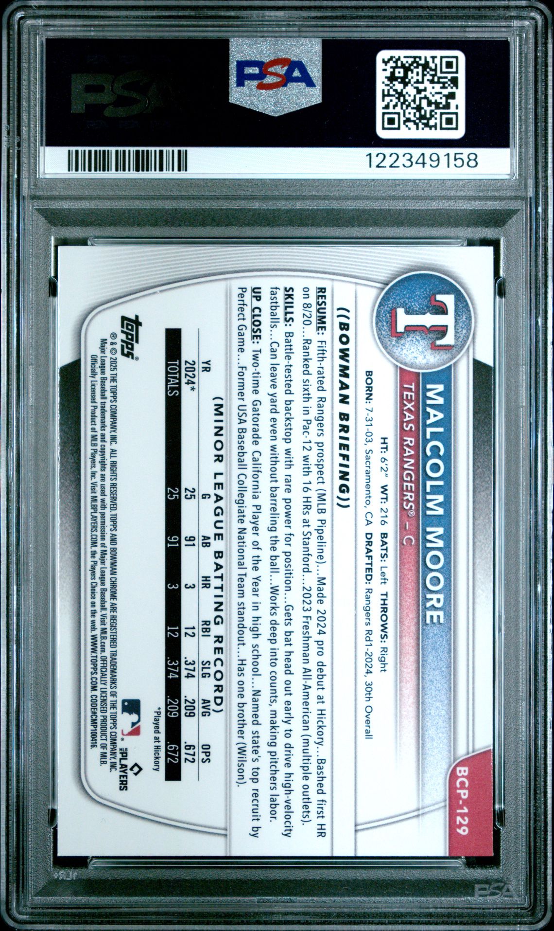2025 Bowman Chrome Prospects Malcolm Moore #Bcp129 (Chrome Pros-Reptilian Ref) Mint 9 back