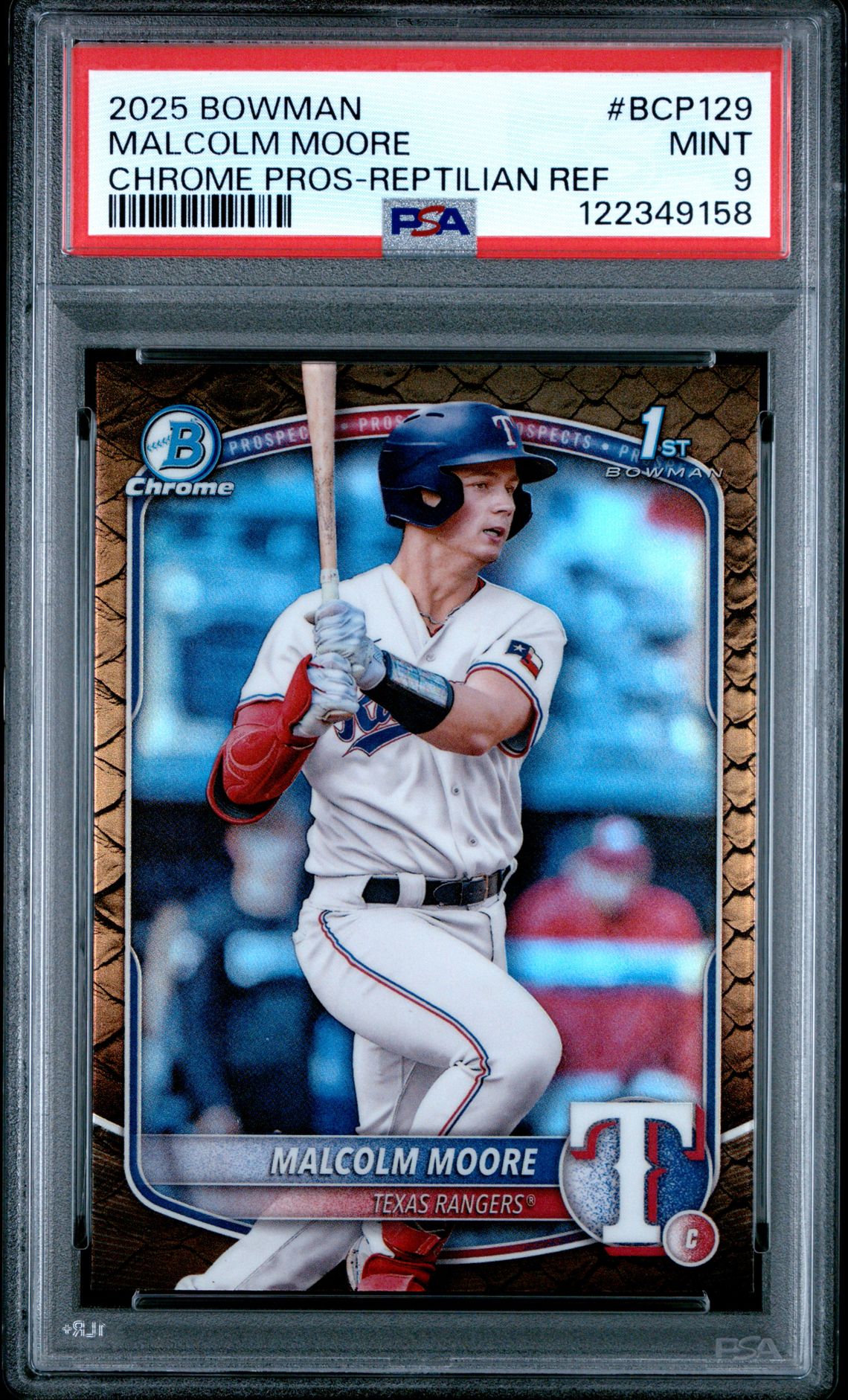 2025 Bowman Chrome Prospects Malcolm Moore #Bcp129 (Chrome Pros-Reptilian Ref) Mint 9 front