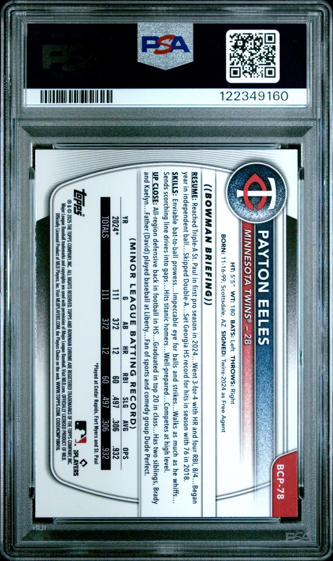 2025 Bowman Chrome Prospects Payton Eeles #Bcp78 (Chrome Pros-Purple Ref) Mint 9 back