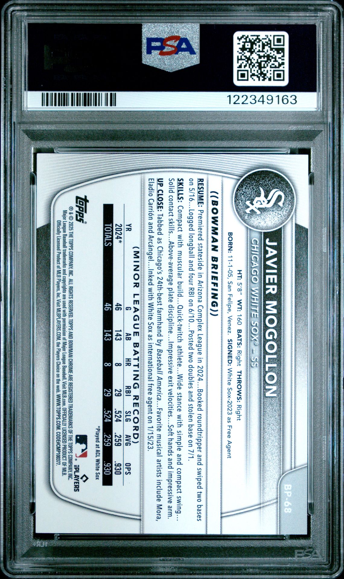 2025 Bowman Paper Prospects Javier Mogollon #Bp68 (Paper Pros-Green Pattern) Gem Mt 10 back