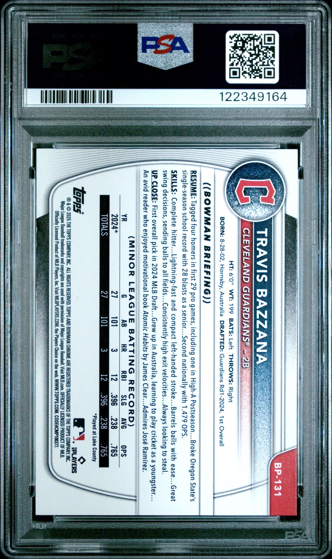 2025 Bowman Paper Prospects Travis Bazzana #Bp131 (Paper Prospects-Purple) Nm 7 back