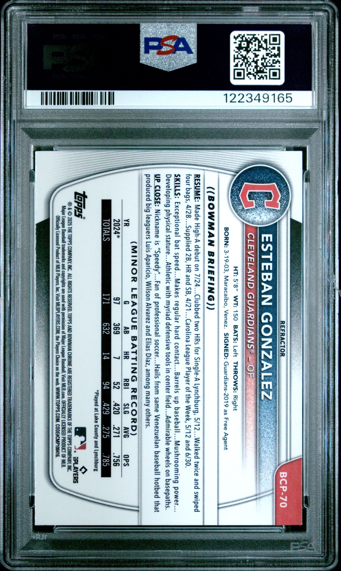 2025 Bowman Chrome Prospects Esteban Gonzalez #Bcp70 (Chrome Pros-Refractor) Mint 9 back