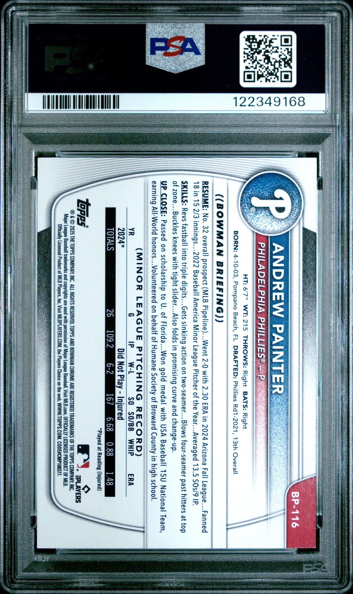 2025 Bowman Paper Prospects Andrew Painter #Bp116 (Paper Prospects-Gold) Mint 9 back