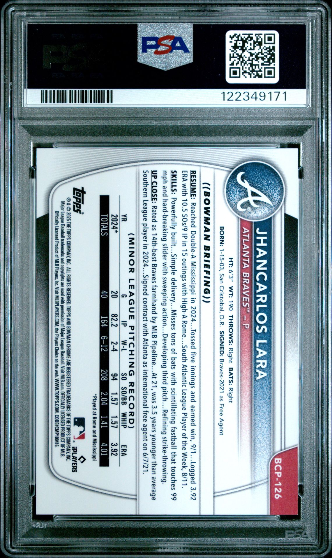 2025 Bowman Chrome Prospects Jhancarlos Lara #Bcp126 (Chrome Pros-Purple Ref) Mint 9 back