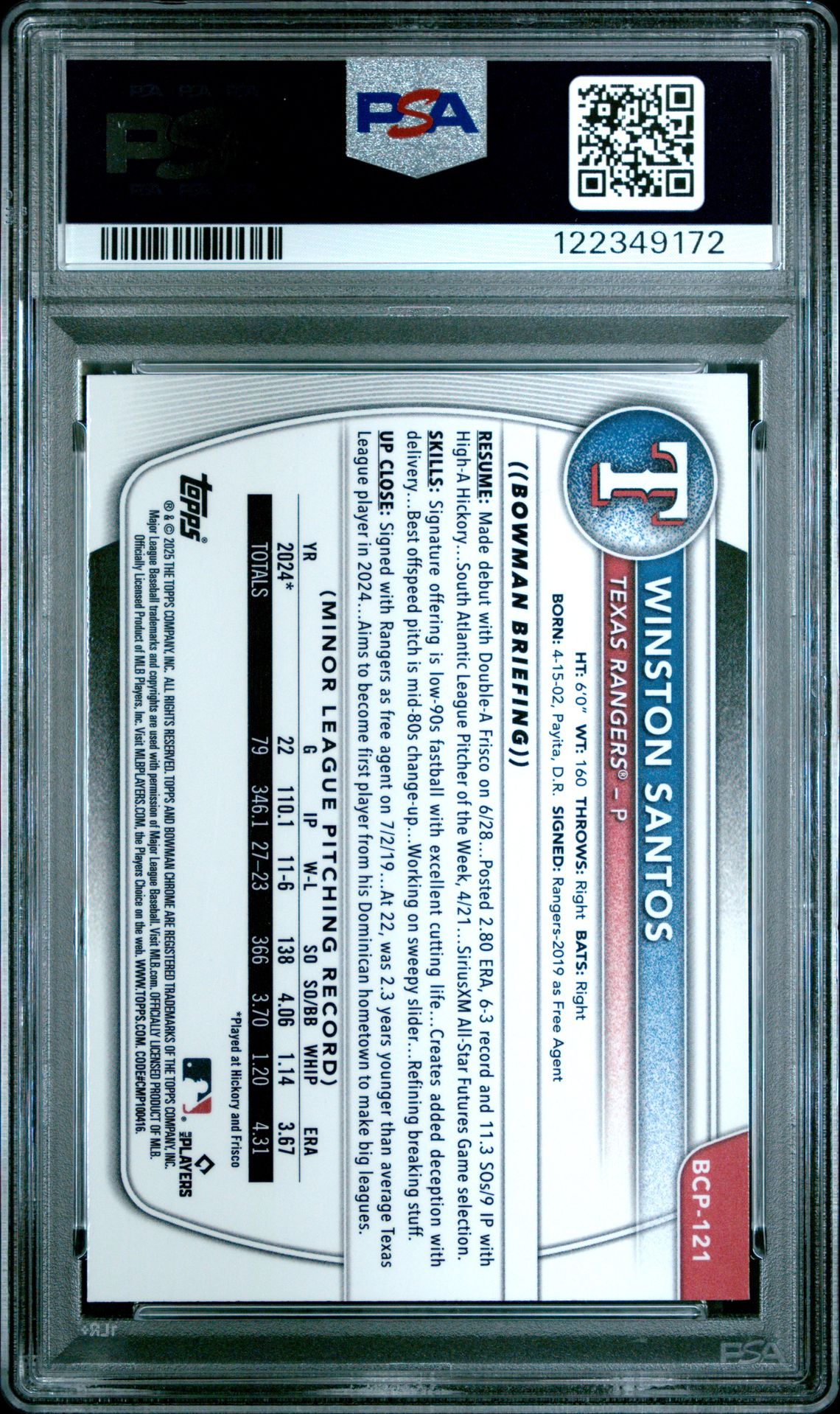 2025 Bowman Chrome Prospects Winston Santos #Bcp121 (Chrome Pros-Green Grass) Mint 9 back