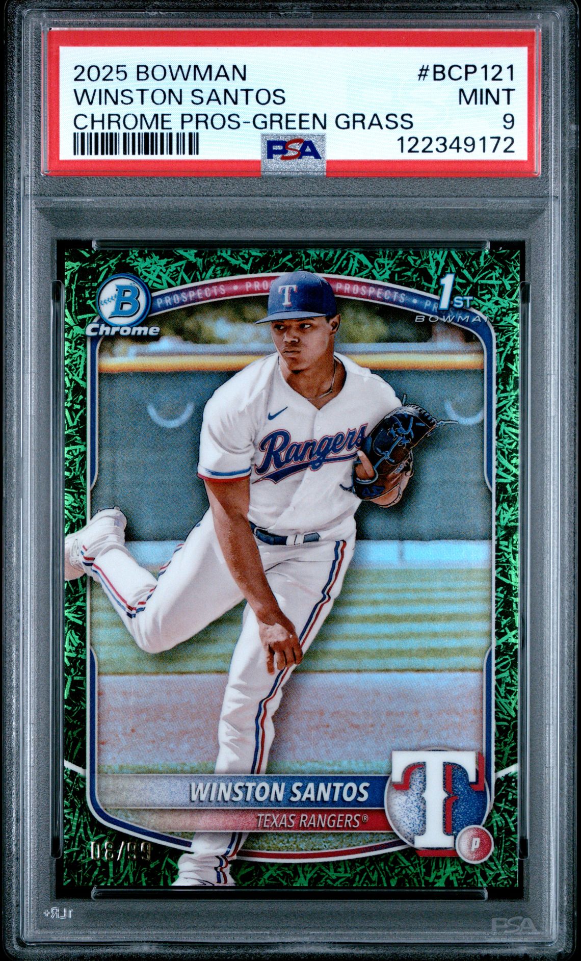 2025 Bowman Chrome Prospects Winston Santos #Bcp121 (Chrome Pros-Green Grass) Mint 9 front