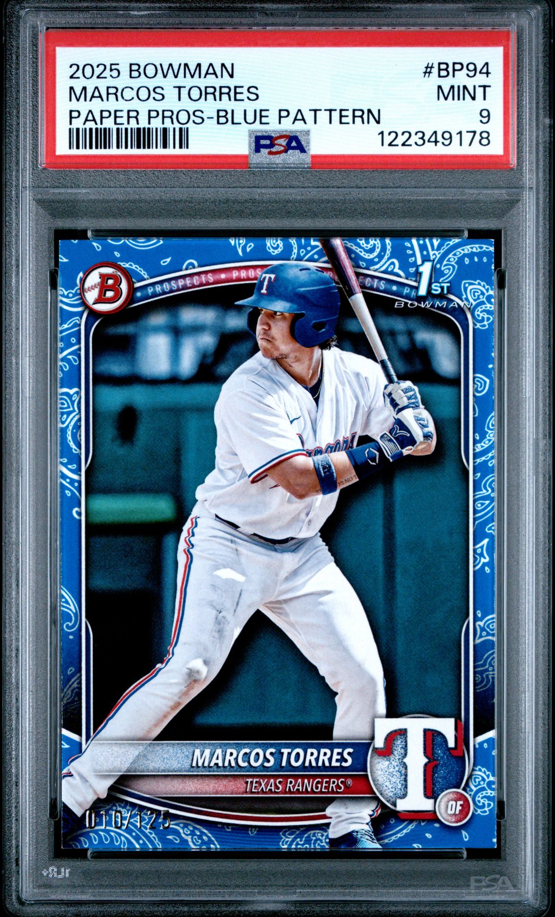 2025 Bowman Paper Prospects Marcos Torres #Bp94 (Paper Pros-Blue Pattern) Mint 9 front