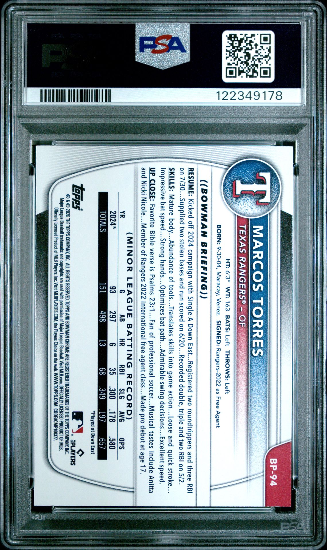 2025 Bowman Paper Prospects Marcos Torres #Bp94 (Paper Pros-Blue Pattern) Mint 9 back