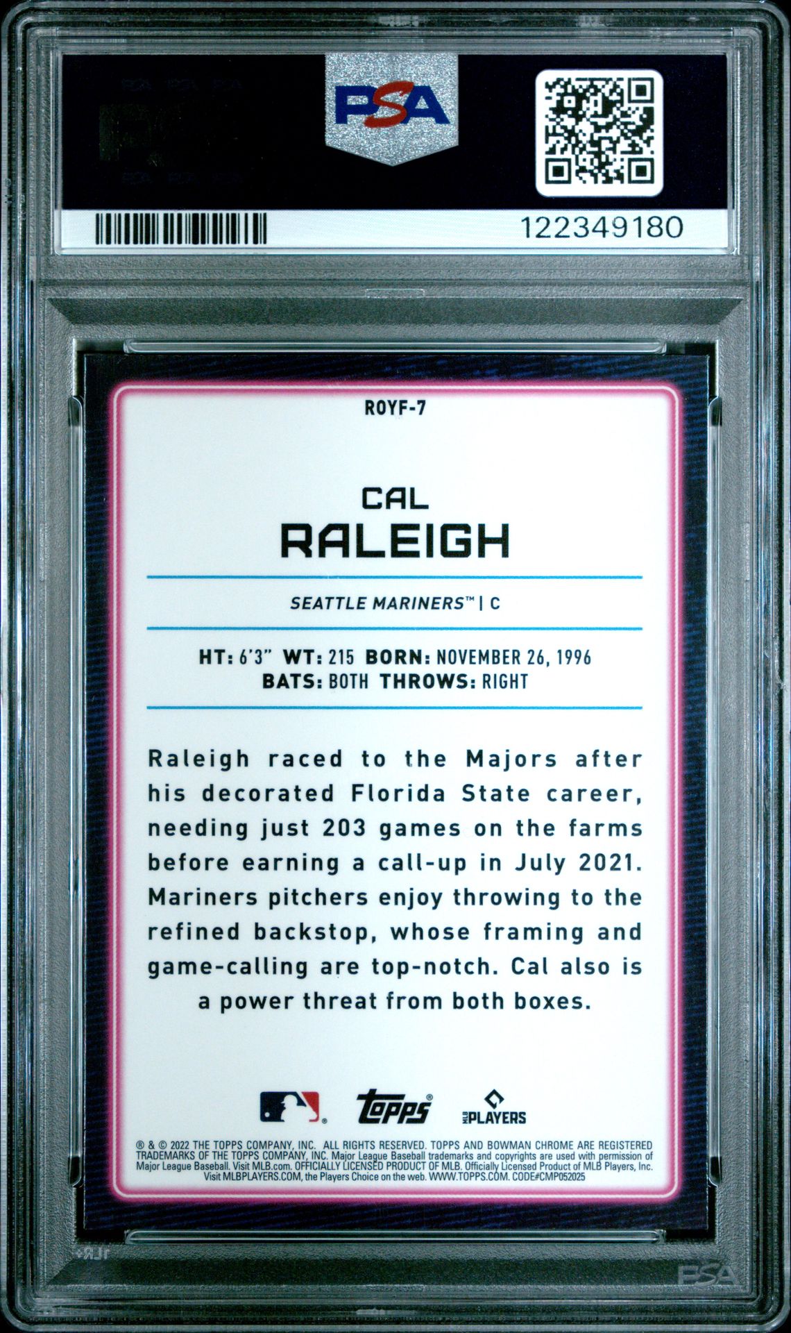 2022 Bowman Mega Box Chrome Rookie Of The Year Favorites Cal Raleigh #7 (Chrome Roy Favorites) Gem Mt 10 back