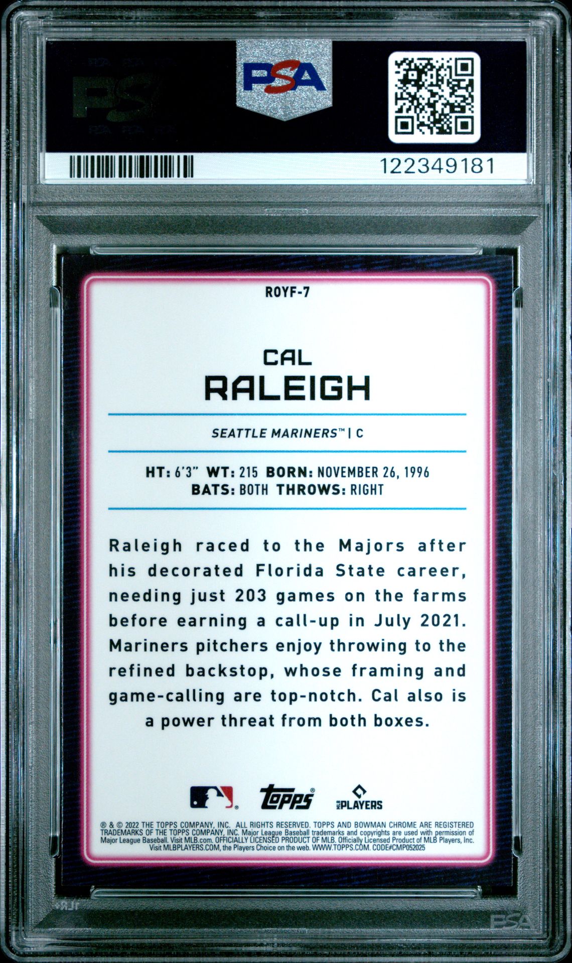 2022 Bowman Mega Box Chrome Rookie Of The Year Favorites Cal Raleigh #7 (Chrome Roy Favorites) Gem Mt 10 back