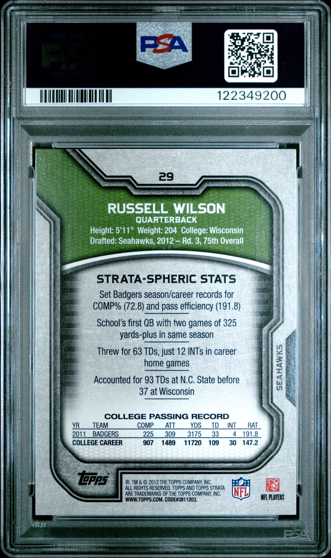 2012 Topps Strata Russell Wilson #29 (Hold Ball With Two Hands) Mint 9 back