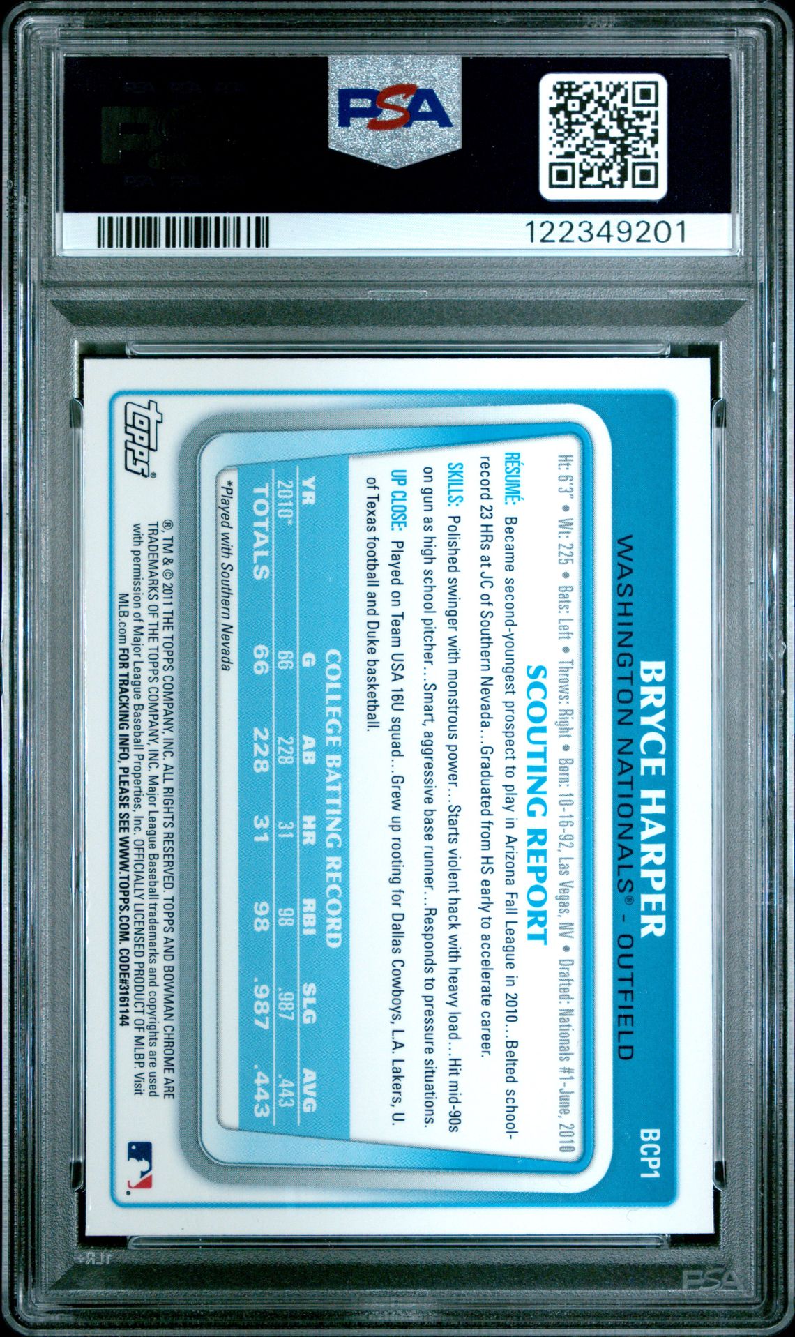 2011 Bowman Chrome Prospects Bryce Harper #Bcp1 (Prospects) Nm-Mt 8 back