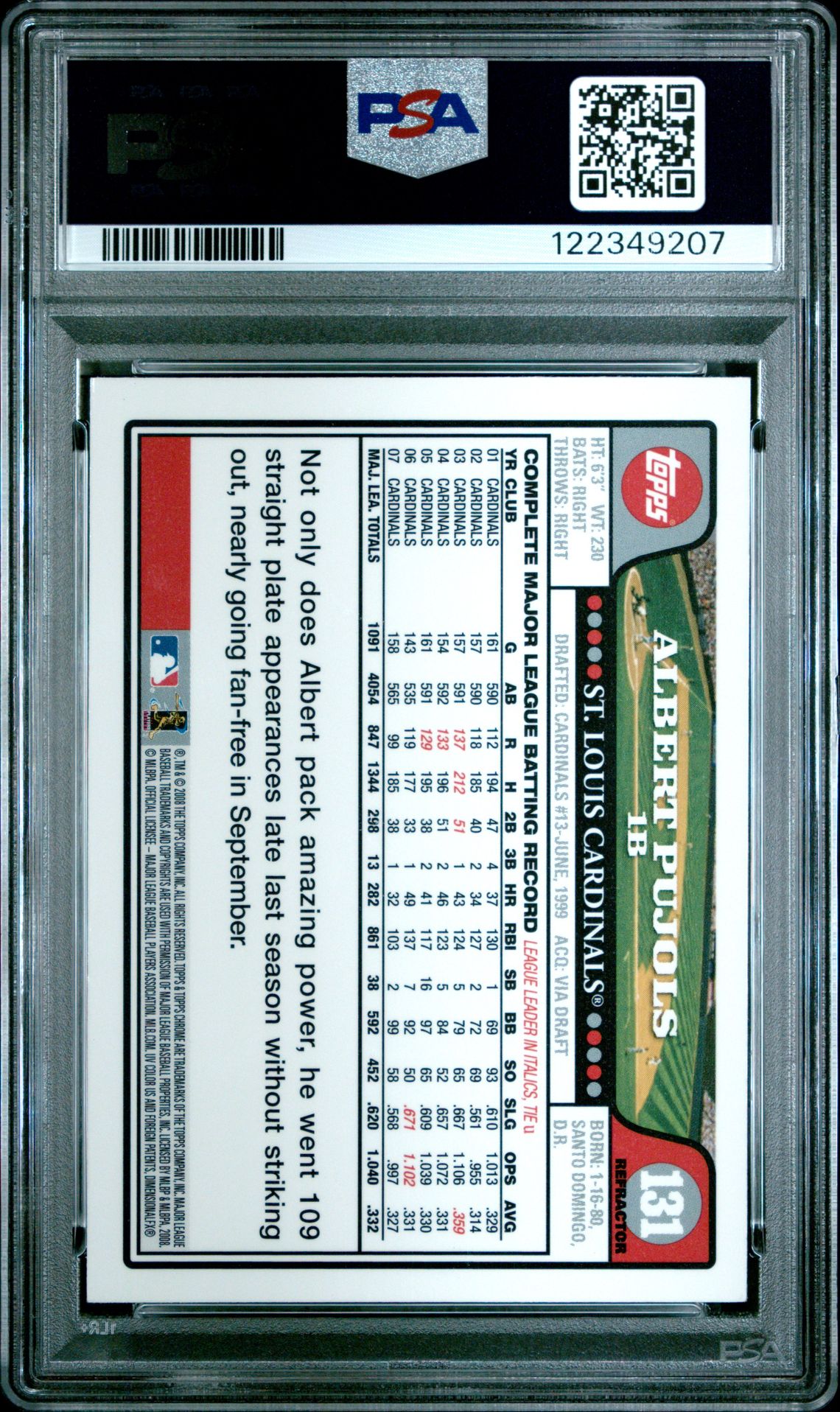 2008 Topps Chrome Albert Pujols #131 (Blue Refractor) Mint 9 back