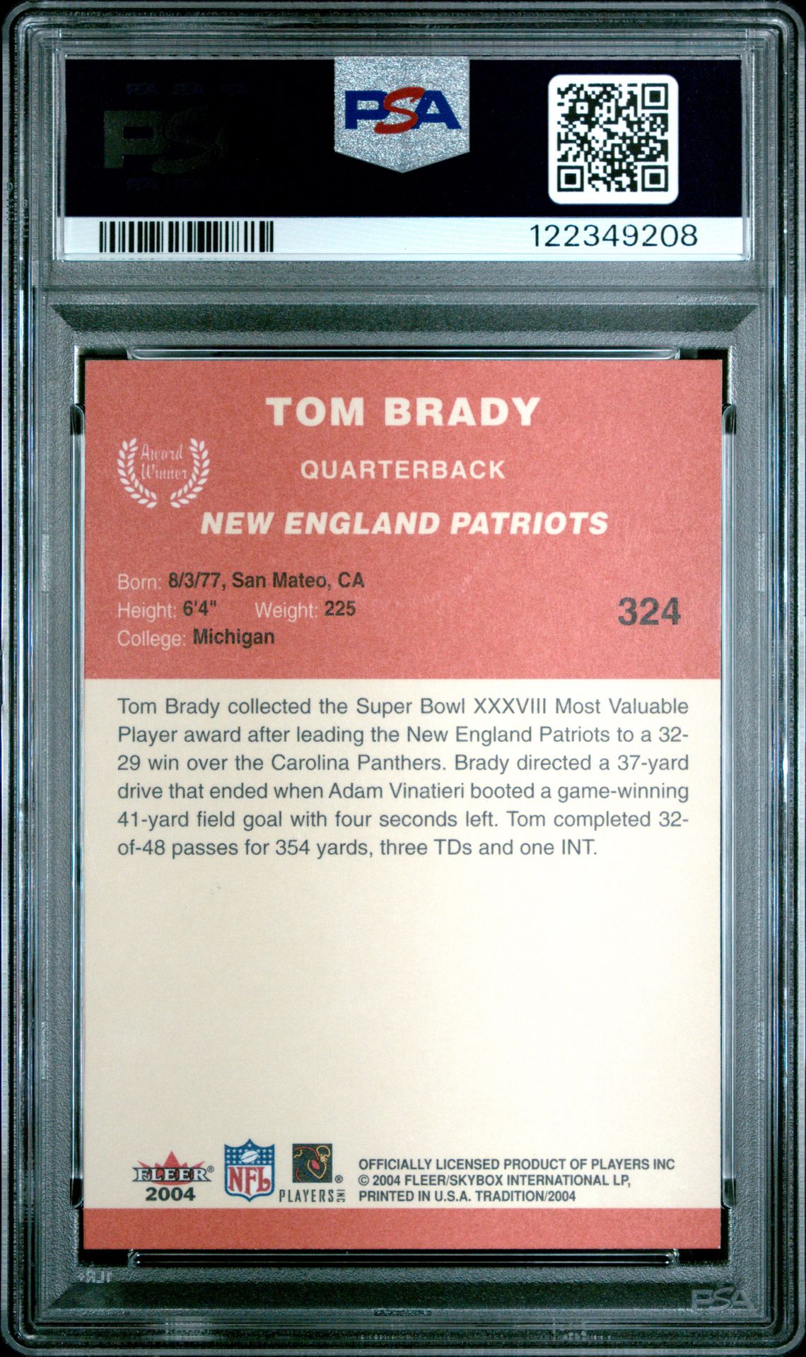 2004 Fleer Tradition Tom Brady #324 Nm 7 back
