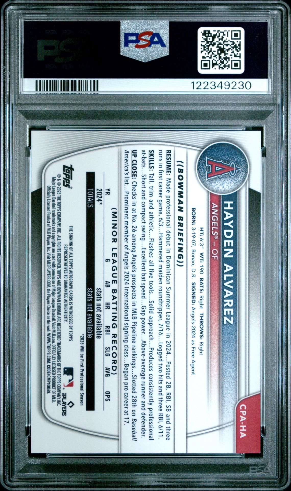 2025 Bowman Chrome Prospect Autographs Hayden Alvarez #Cpaha (Chr Prospect Au-Green Ref) Mint 9 back