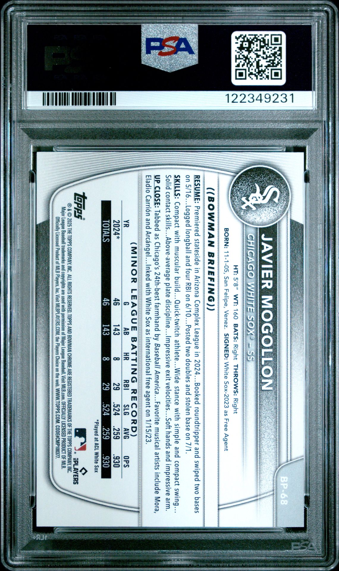 2025 Bowman Paper Prospects Javier Mogollon #Bp68 (Paper Prospects-Fuchsia) Nm-Mt 8 back