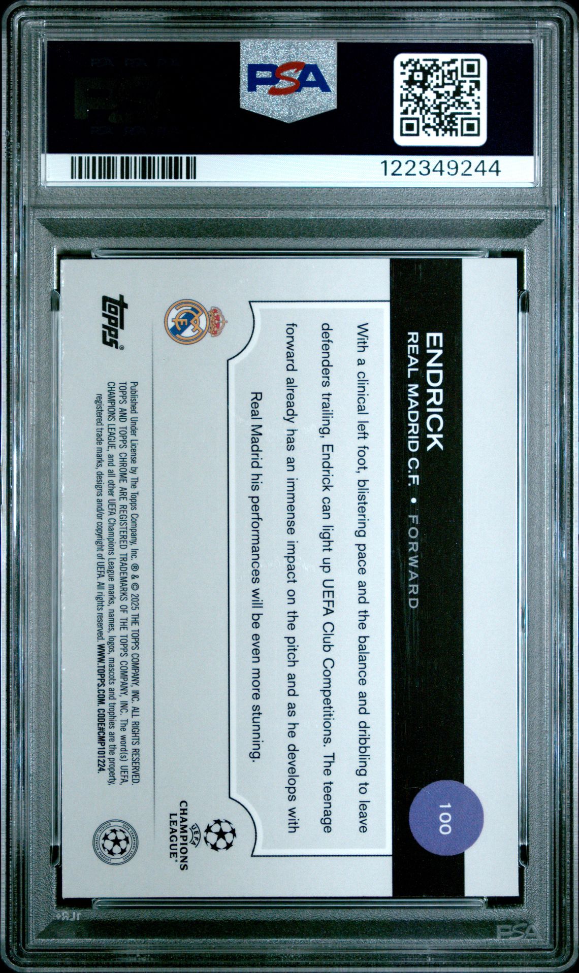 2024-25 Topps Chrome Uefa Club Competitions Endrick #100 (Blue Refractor) Mint 9 back